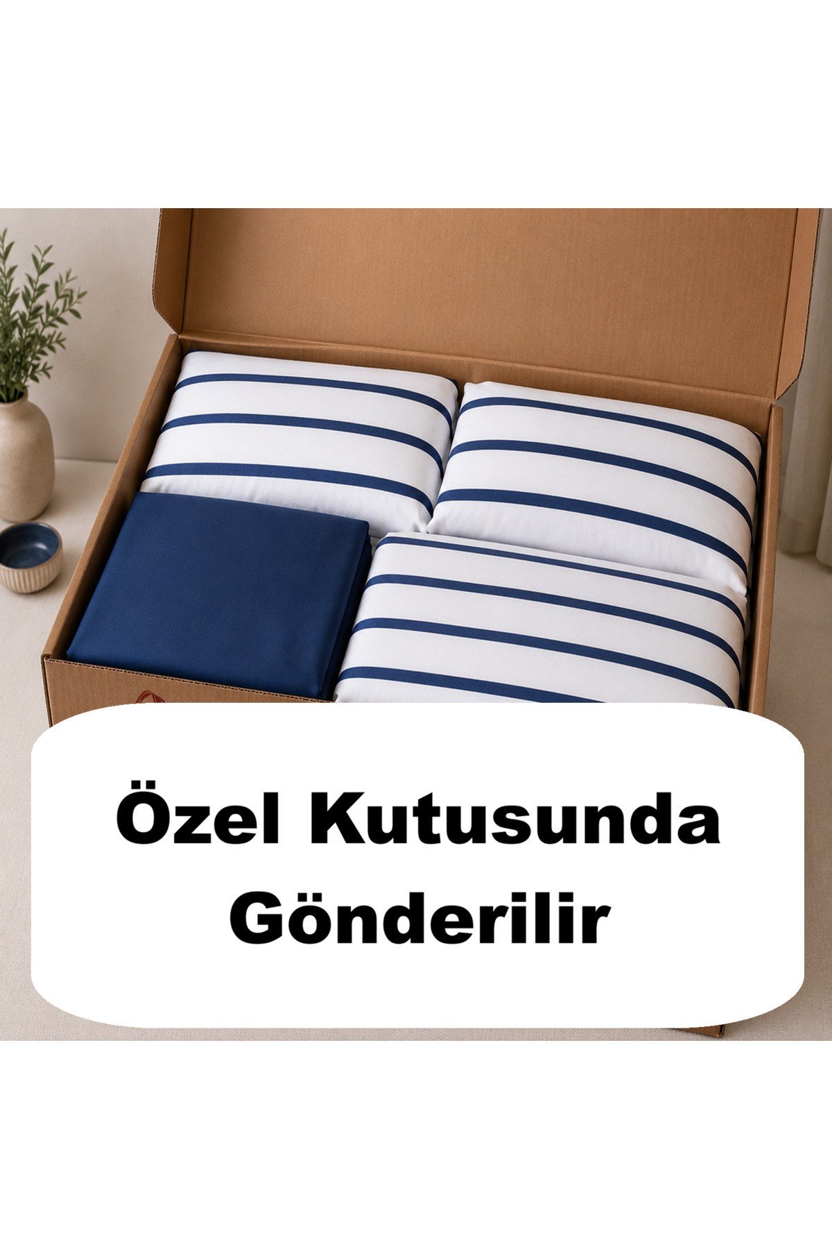 Çift Kişilik %100 Pamuk Çizgili Nevresim Takımı | Lastikli Çarşaflı | 6 Parça | Kutulu Gönderim | İndigo Mavi