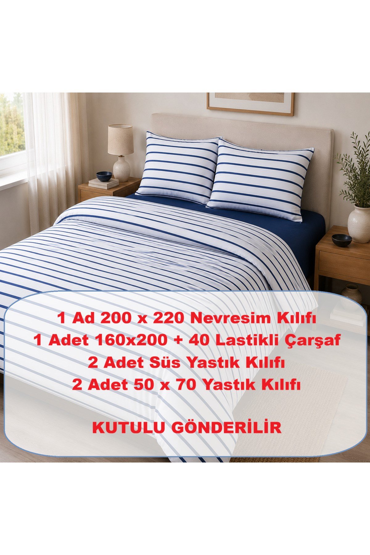 Çift Kişilik %100 Pamuk Çizgili Nevresim Takımı | Lastikli Çarşaflı | 6 Parça | Kutulu Gönderim | İndigo Mavi