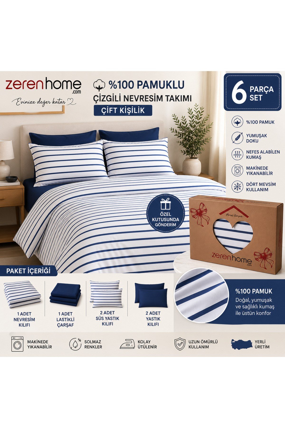 Çift Kişilik %100 Pamuk Çizgili Nevresim Takımı | Lastikli Çarşaflı | 6 Parça | Kutulu Gönderim | İndigo Mavi