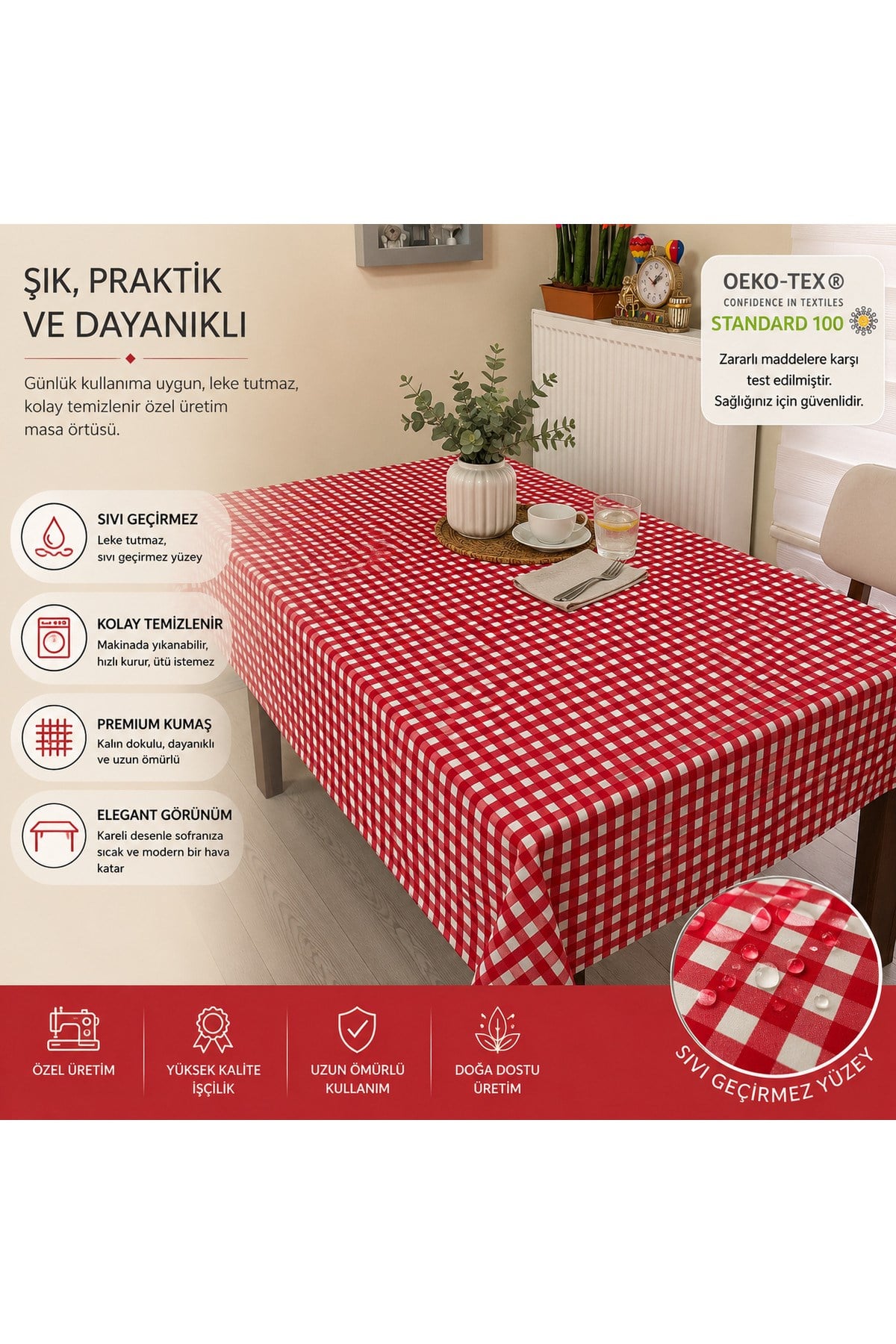 Country Kırmızı Pötikare Masa Örtüsü | Sıvı Geçirmez Keten Kumaş | Özel Ölçü Dikim|OEKO-TEX® 100