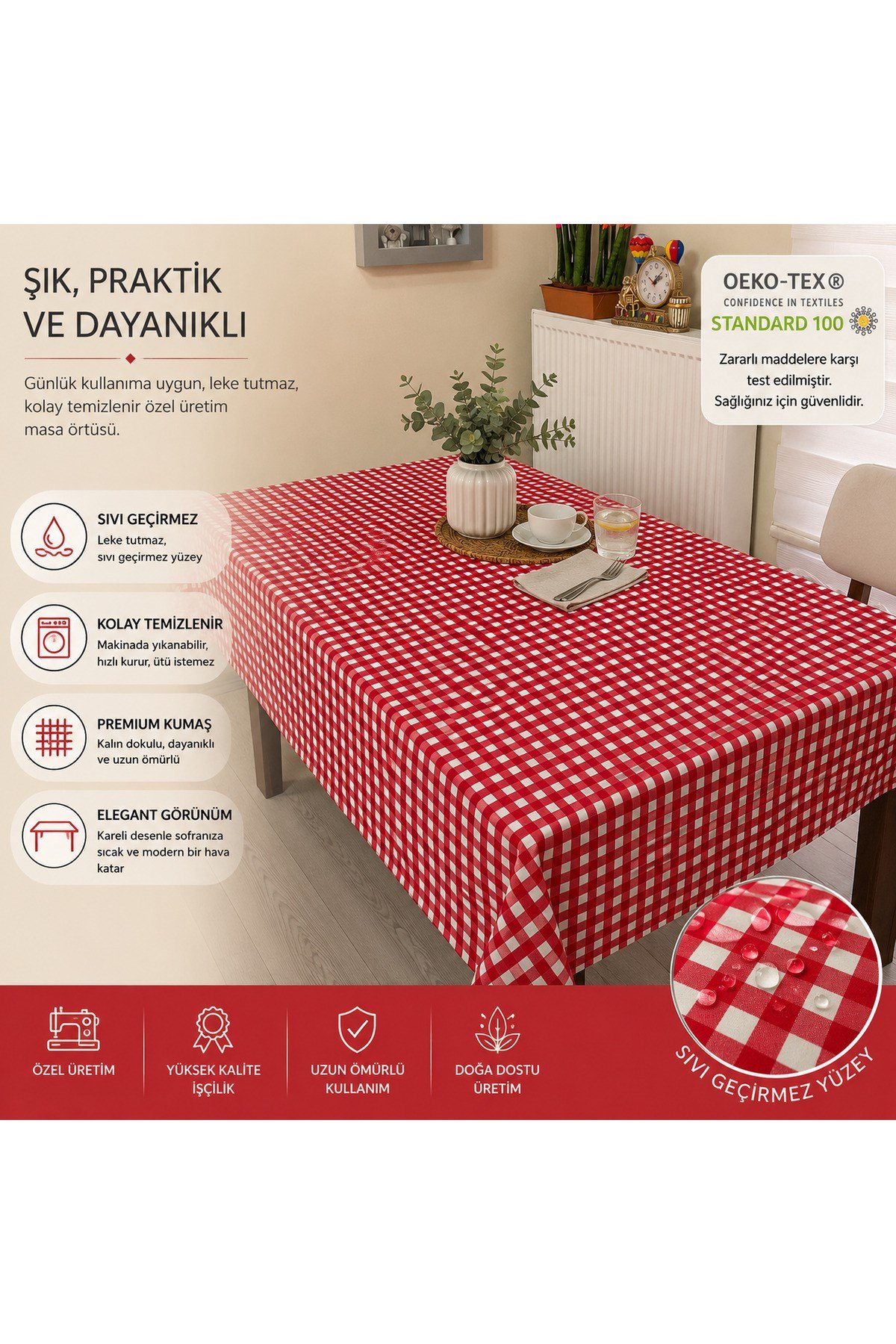Country Kırmızı Pötikare Masa Örtüsü | Sıvı Geçirmez Keten Kumaş | Özel Ölçü Dikim|OEKO-TEX® 100