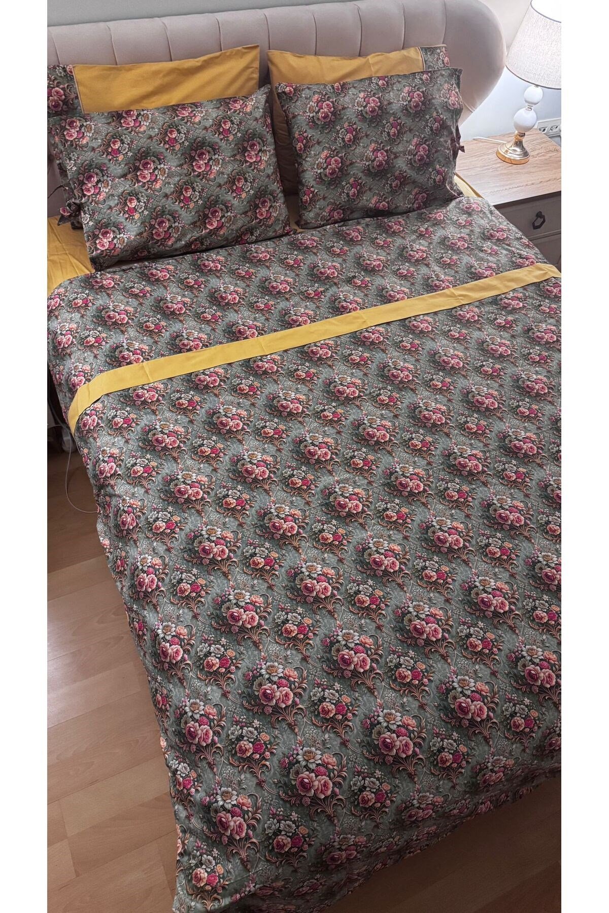 Damask Desenli %100 Pamuklu Çift Kişilik Nevresim Takımı 6 Parça - Kutulu