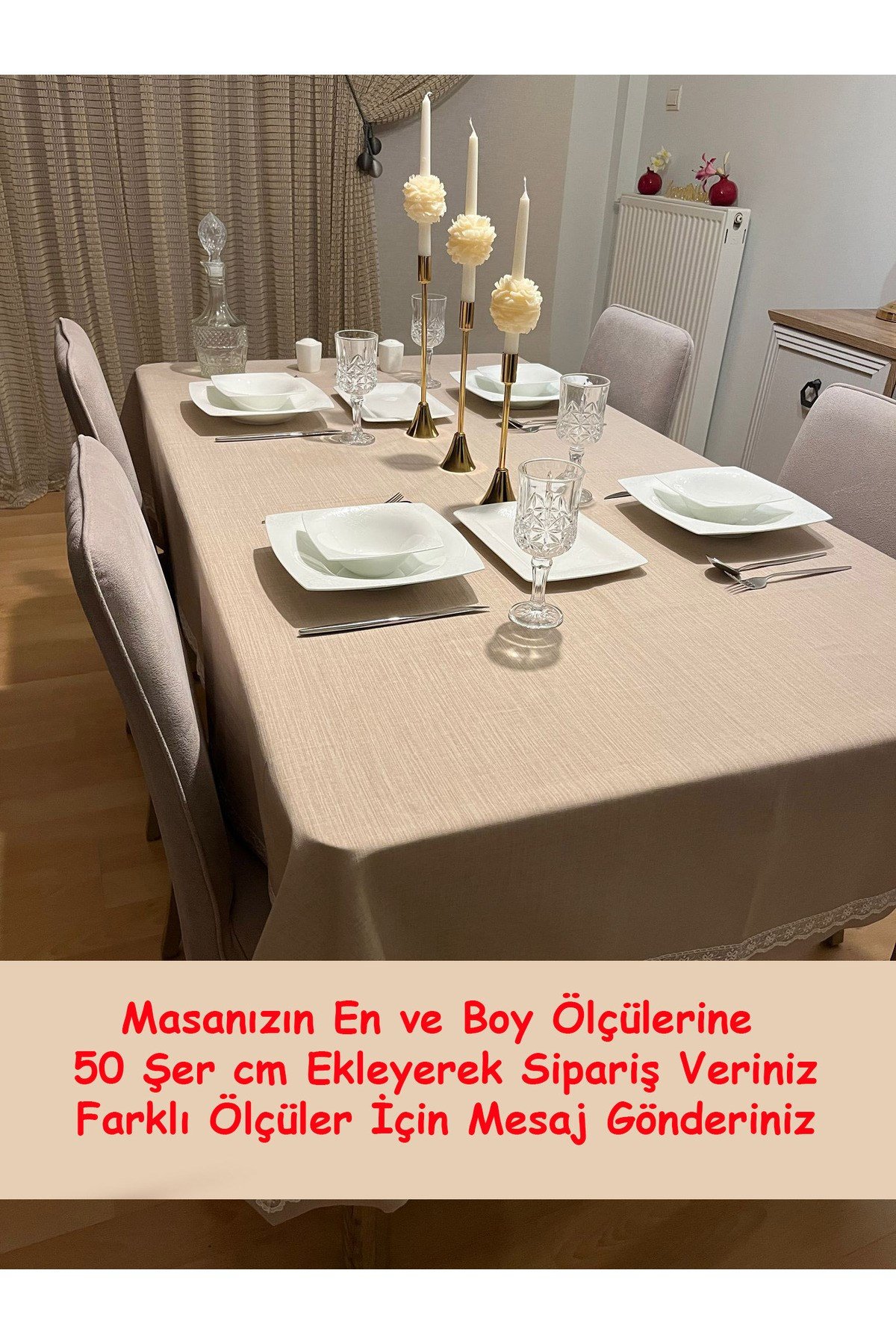 Dantel Detaylı Polyester Keten Dertsiz Masa Örtüsü Kapuçino