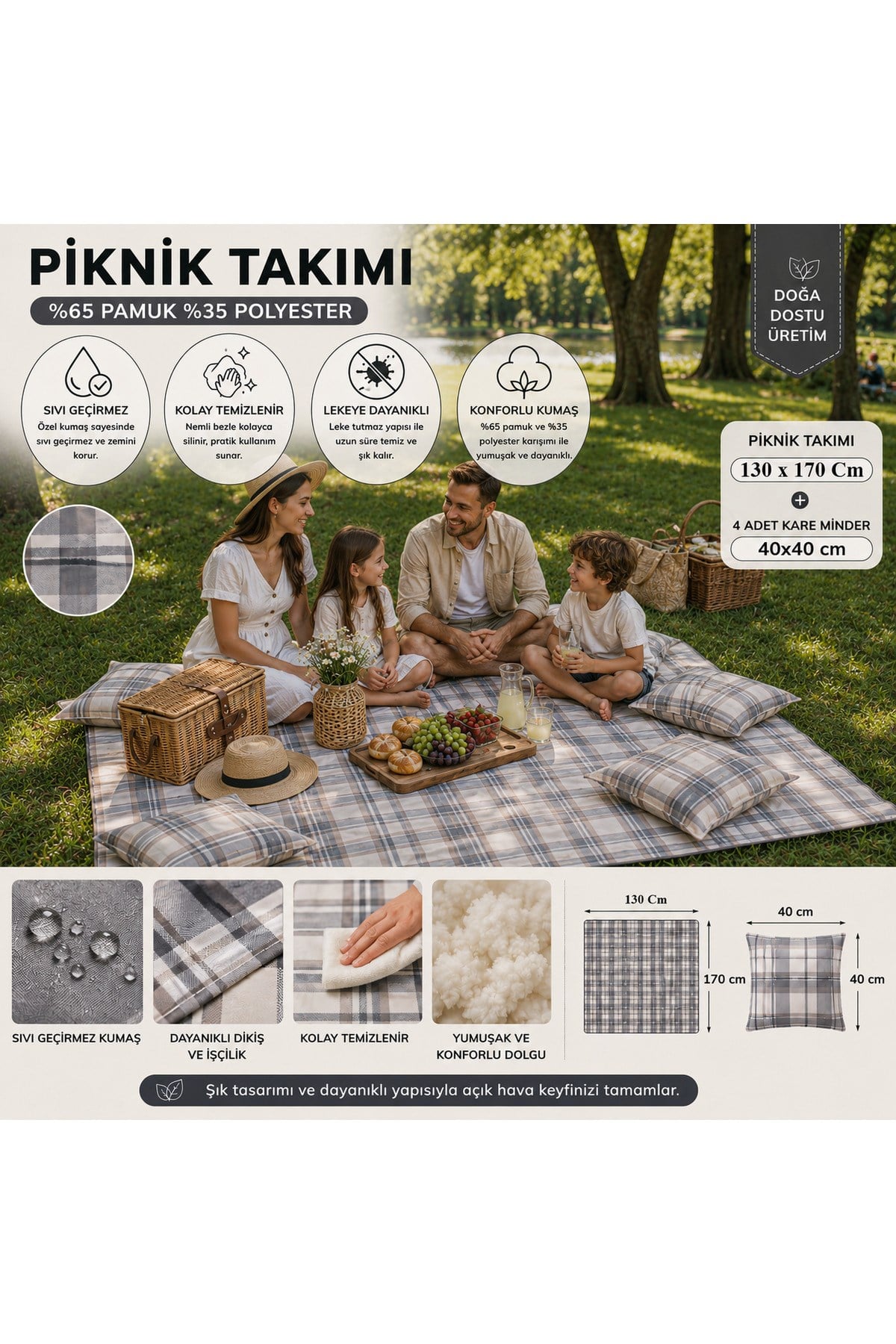 Ekose Piknik Takımı 130x170 cm + 4 Minder | Bahçe, Kamp ve Piknik Kullanımına Uygun