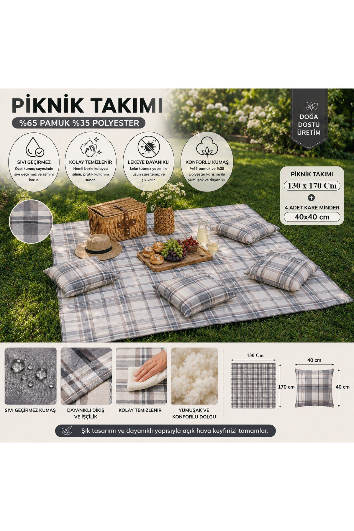 Ekose Piknik Takımı 130x170 cm + 4 Minder | Bahçe, Kamp ve Piknik Kullanımına Uygun