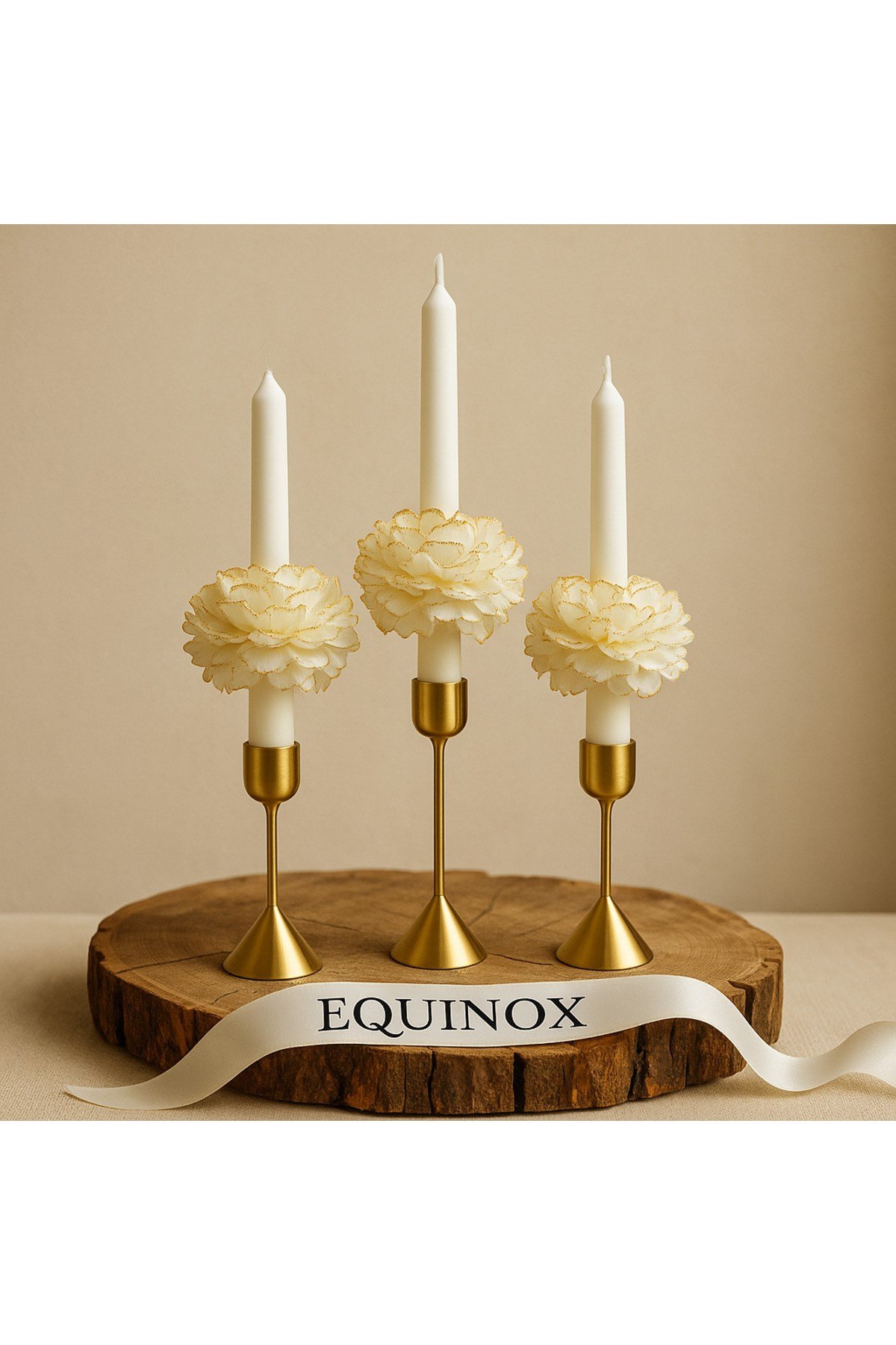 Equinox (3’lü) Gold Şakayık Detaylı Beyaz Şamdan Mum – Dekoratif - Lotus Mumluk Hediyesiyle
