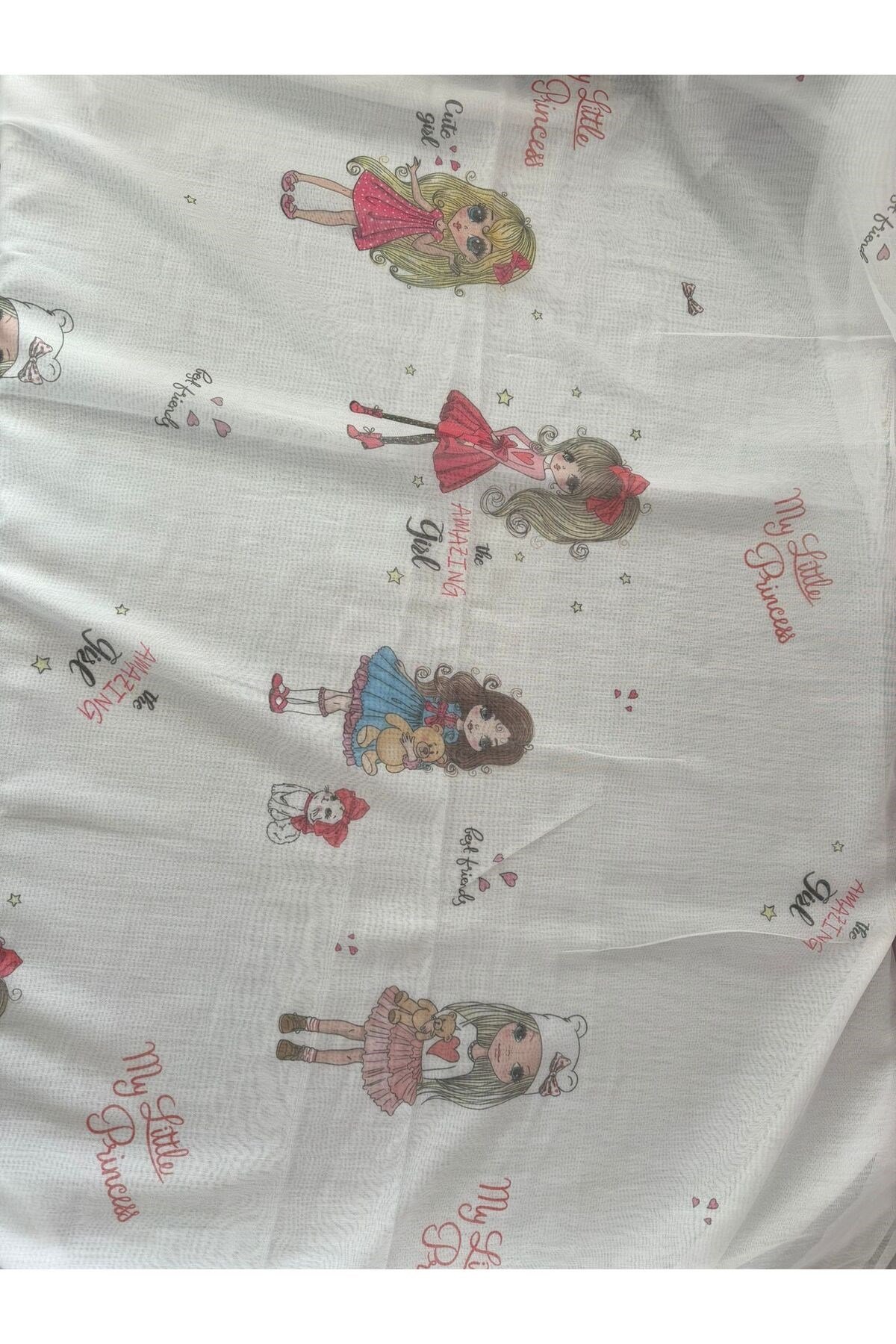 Eteği Kurşunlu Küçük Prenses Desenli Çocuk Odası Tül Perde Ekstrafor Büzgü