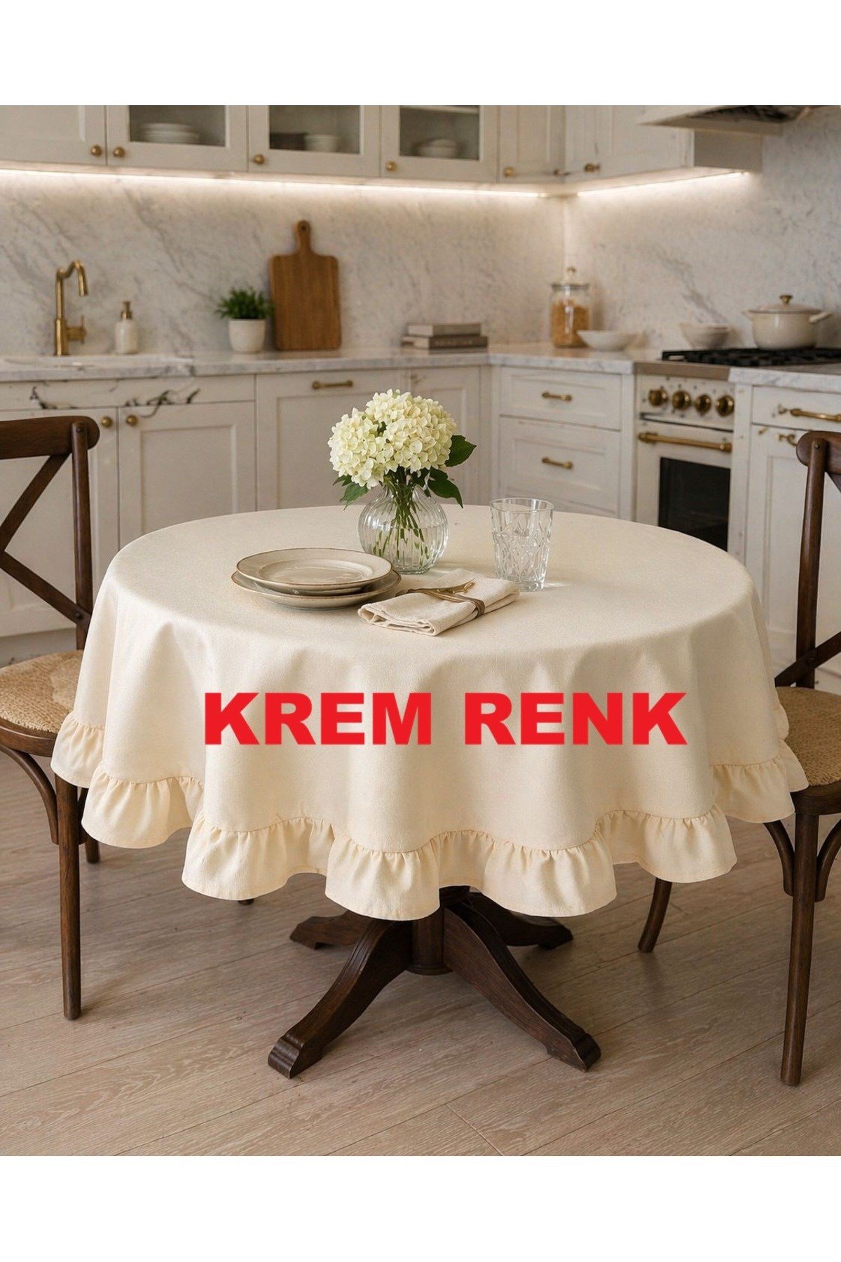 Fırfırlı Yuvarlak Masa Örtüsü | Sıvı Geçirmez Pamuk Keten | Dertsiz Masa Örtüsü | Özel Ölçü Seçenekli | Oeko-Tex 100
