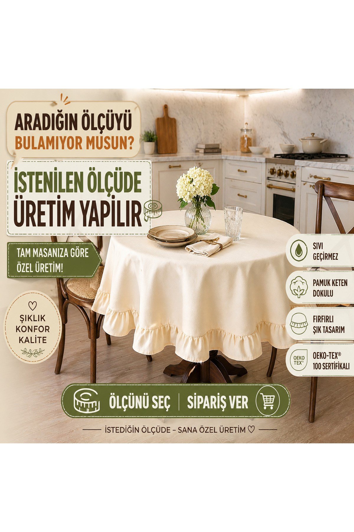 Fırfırlı Yuvarlak Masa Örtüsü | Sıvı Geçirmez Pamuk Keten | Dertsiz Masa Örtüsü | Özel Ölçü Seçenekli | Oeko-Tex 100