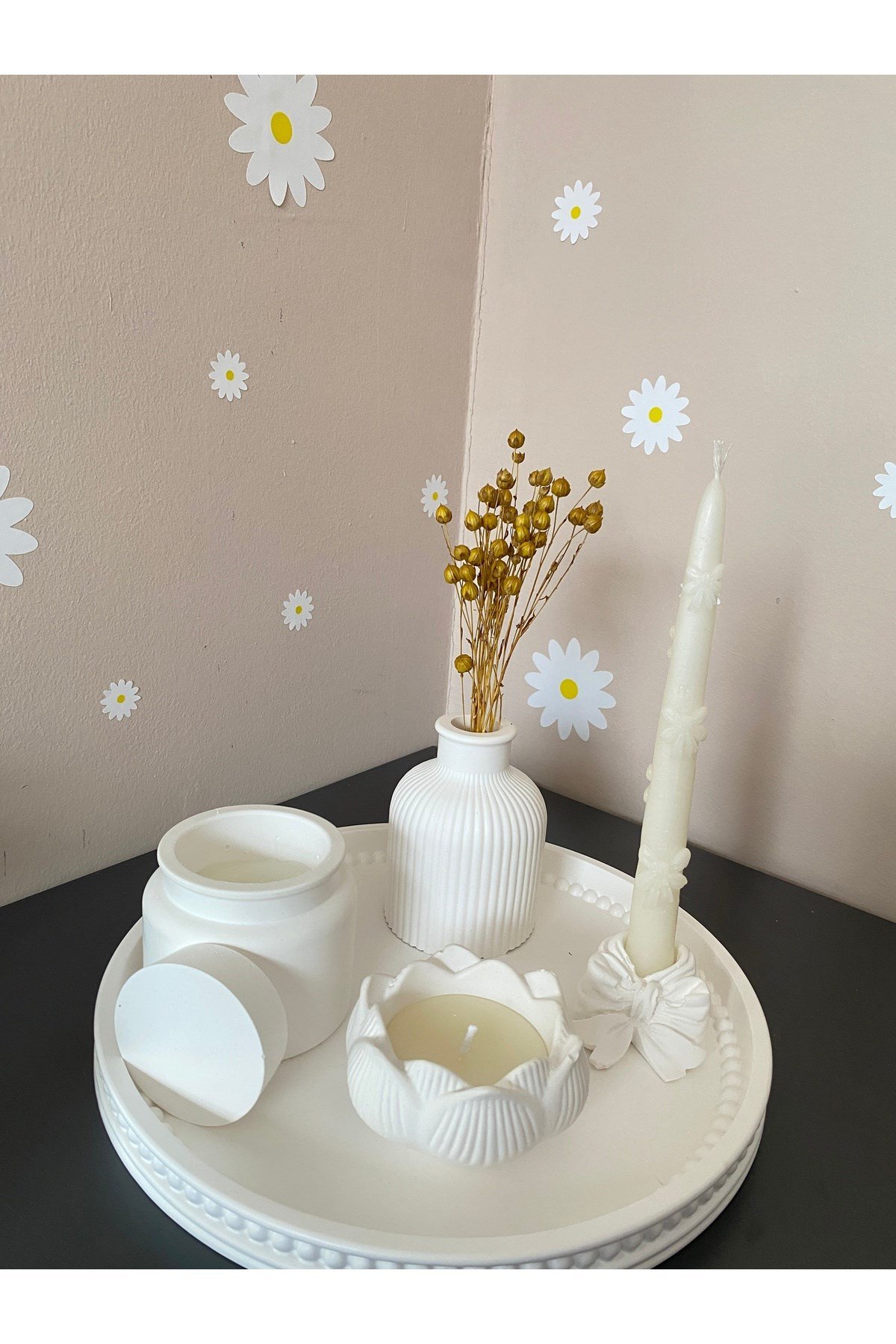 Fiyonklu Şamdanlı , Lotus Kaseli Çoklu Mum Seti- Tepsi Dahil