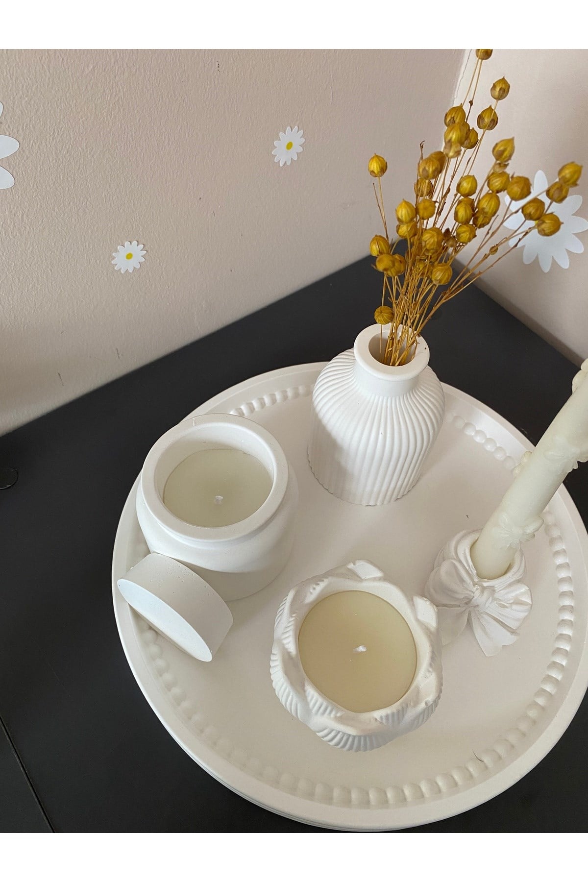 Fiyonklu Şamdanlı , Lotus Kaseli Çoklu Mum Seti- Tepsi Dahil