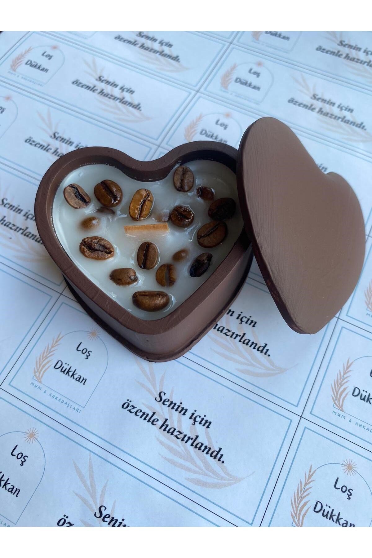 Gerçek Kahve Tanecikli Dekoratif Kapaklı Kalp Kutu Kahve Esanslı Şömine Sesli Ahşap Fitilli Mum