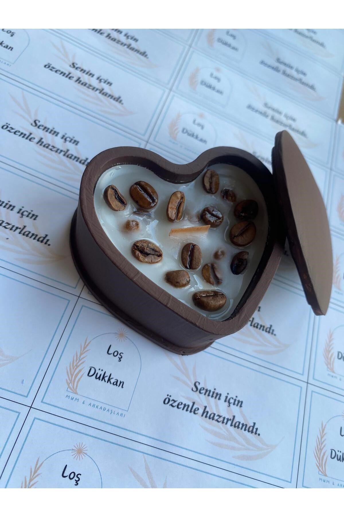 Gerçek Kahve Tanecikli Dekoratif Kapaklı Kalp Kutu Kahve Esanslı Şömine Sesli Ahşap Fitilli Mum