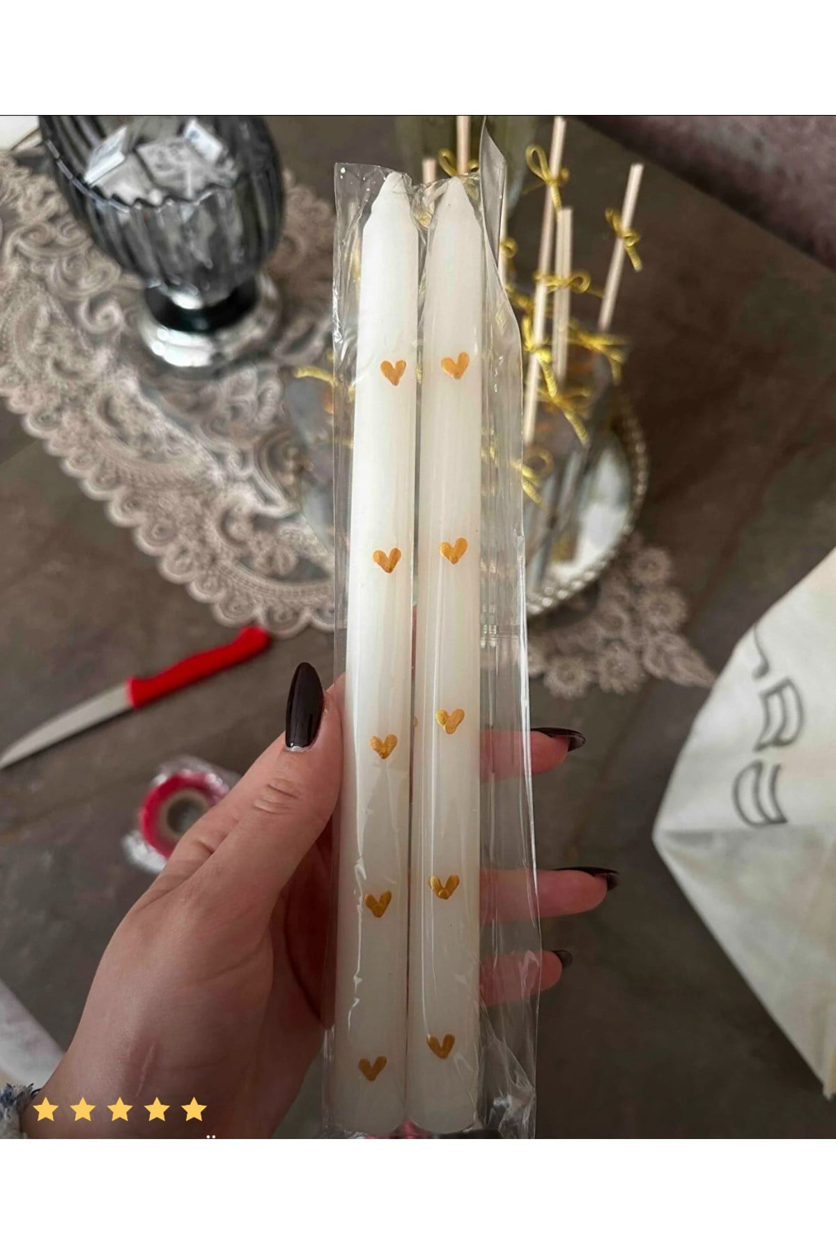 Gold Renk Kalp Desenli Şamdan Mumu 2li Set
