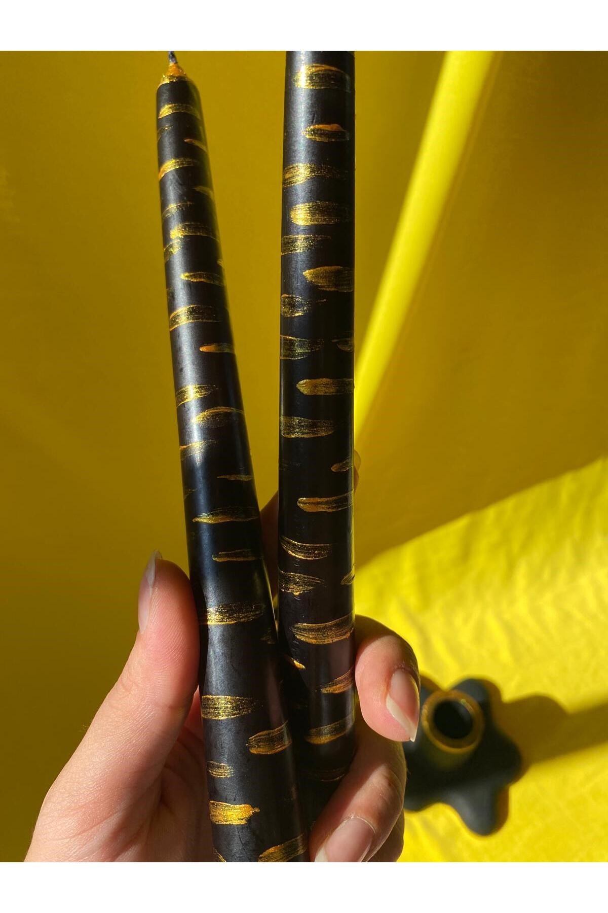 Gold Siyah Zebra Desenli 2’li Şamdan Mum ve Şamdan 4lü Set