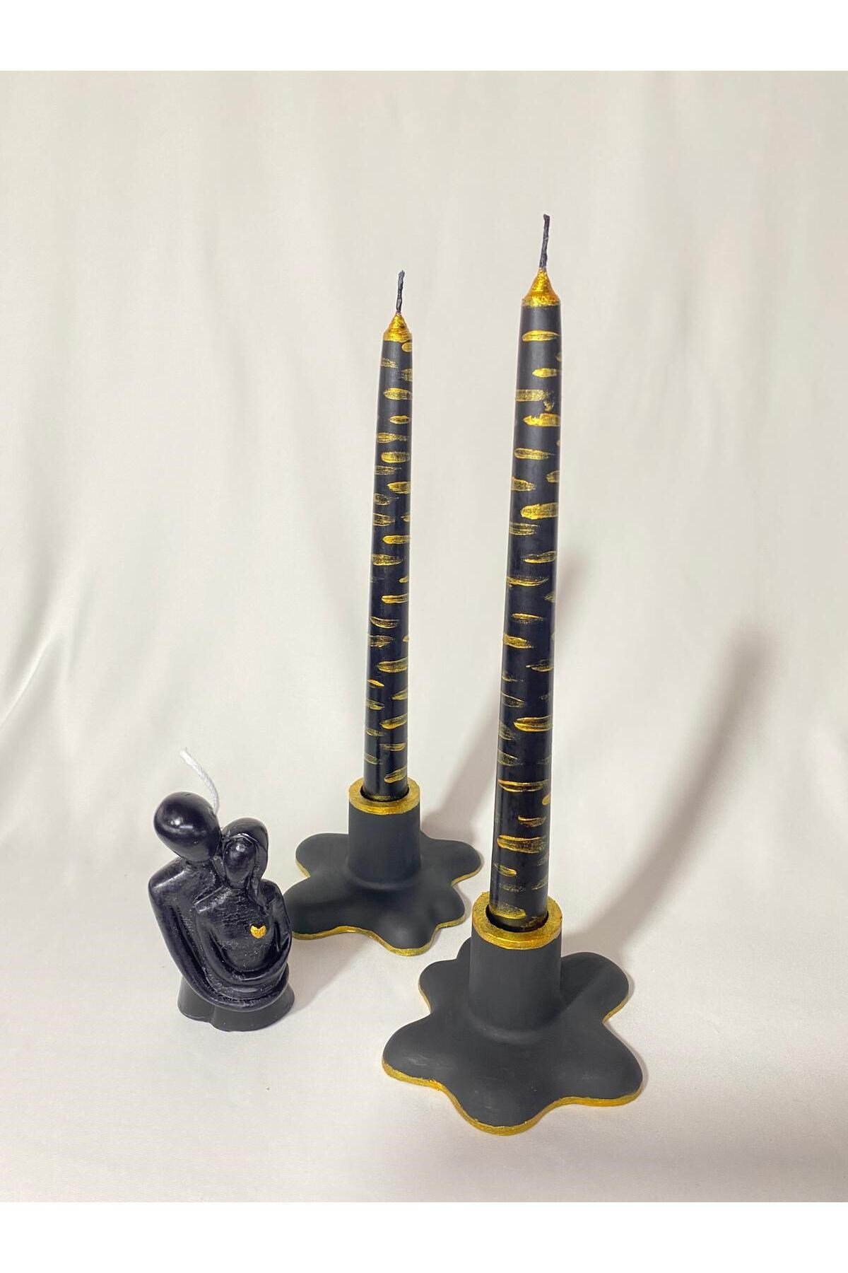 Gold Siyah Zebra Desenli 2’li Şamdan Mum ve Şamdan 4lü Set