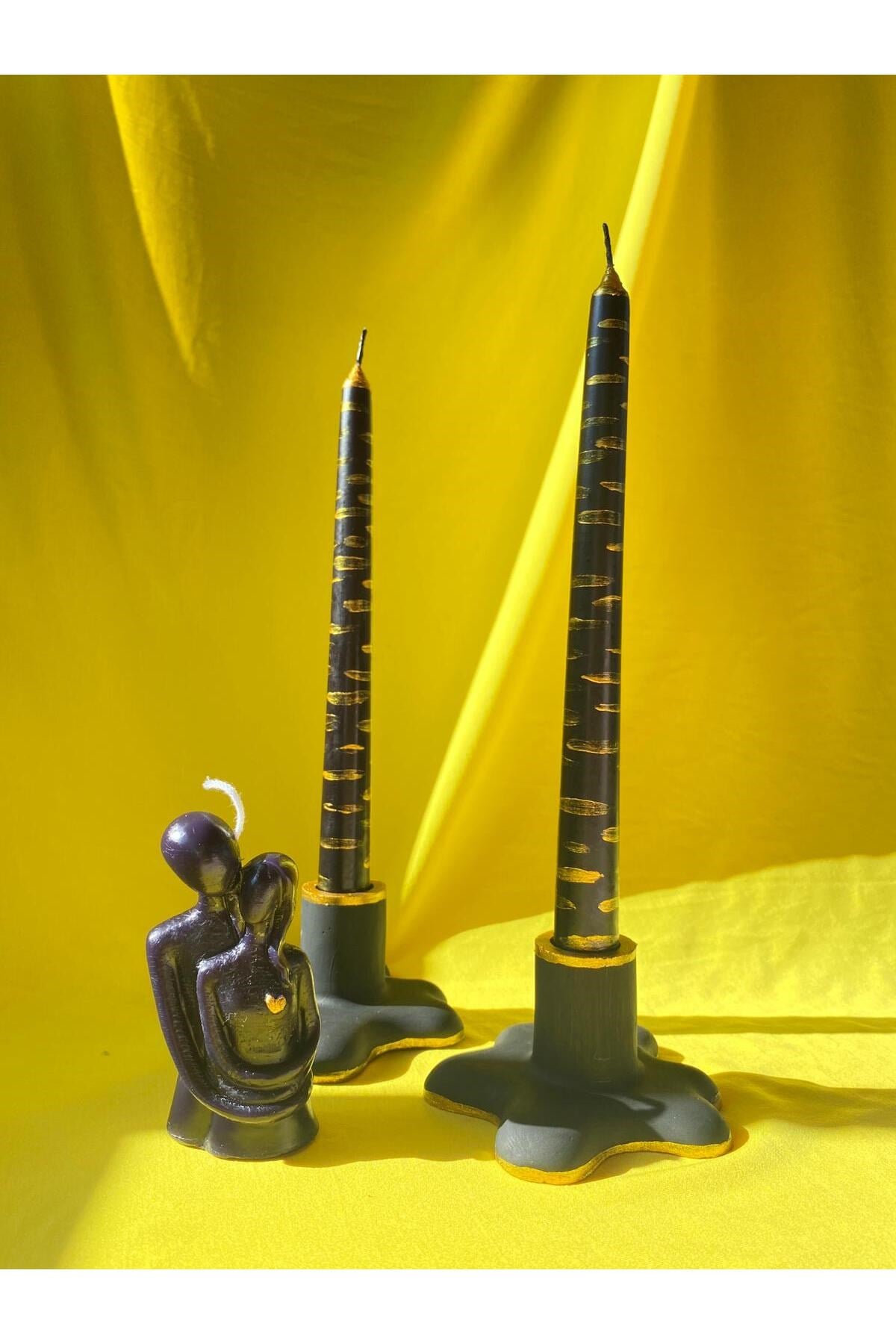 Gold Siyah Zebra Desenli 2’li Şamdan Mum ve Şamdan 4lü Set
