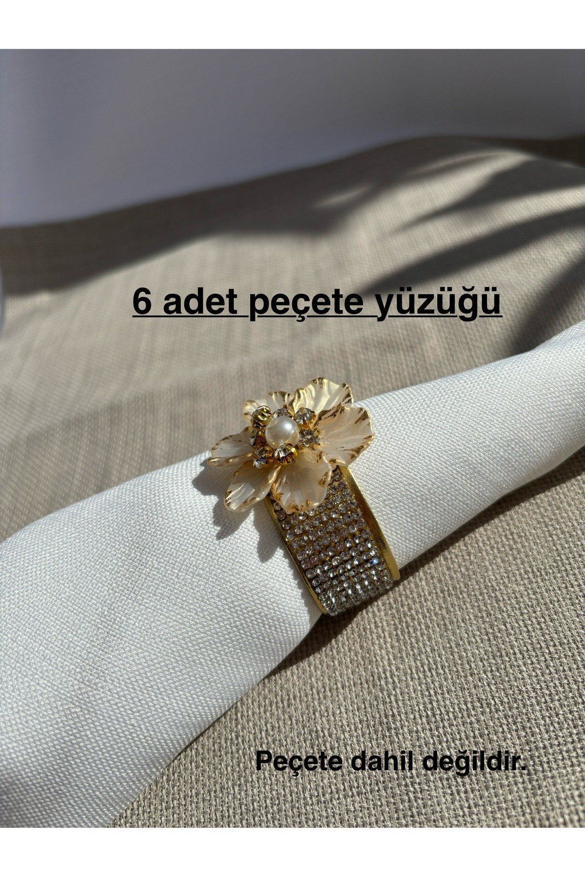 Gold Taşlı Peçete Yüzüğü Halkası Kalın Bantlı Taşlı Gold Çiçekli Peçete Aksesuarı