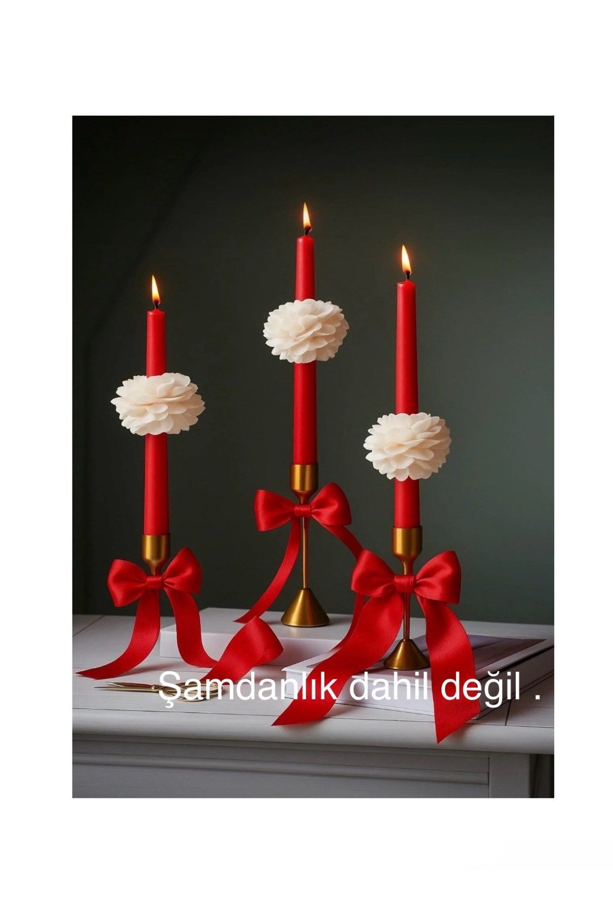 Gül Motifli 3 lü Kırmızı Şakayıklı Şamdan Mumu (şamdanlık yok)