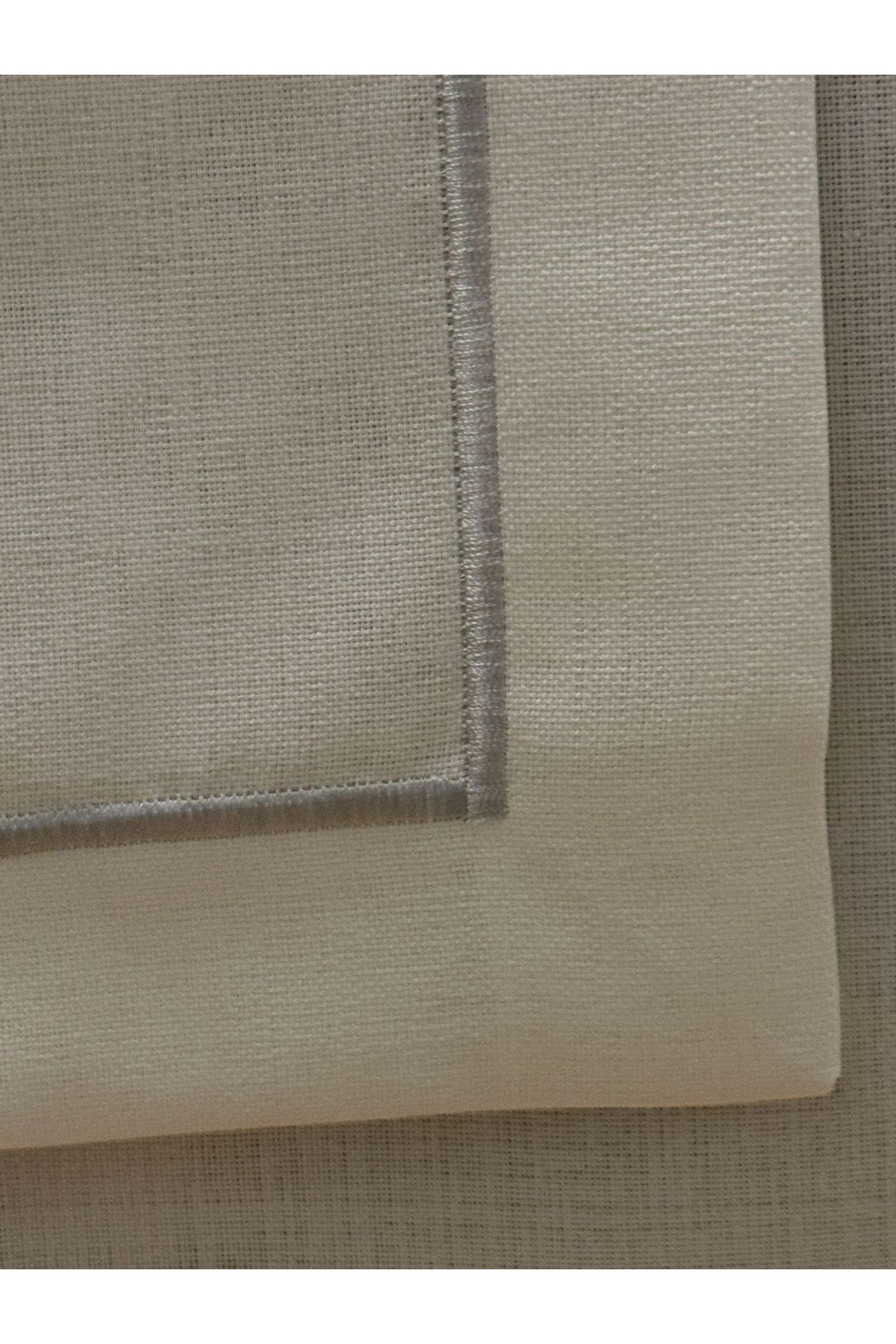 Gümüş İp Piko Detaylı Polyester Keten Dertsiz Masa Örtüsü Kırık Beyaz