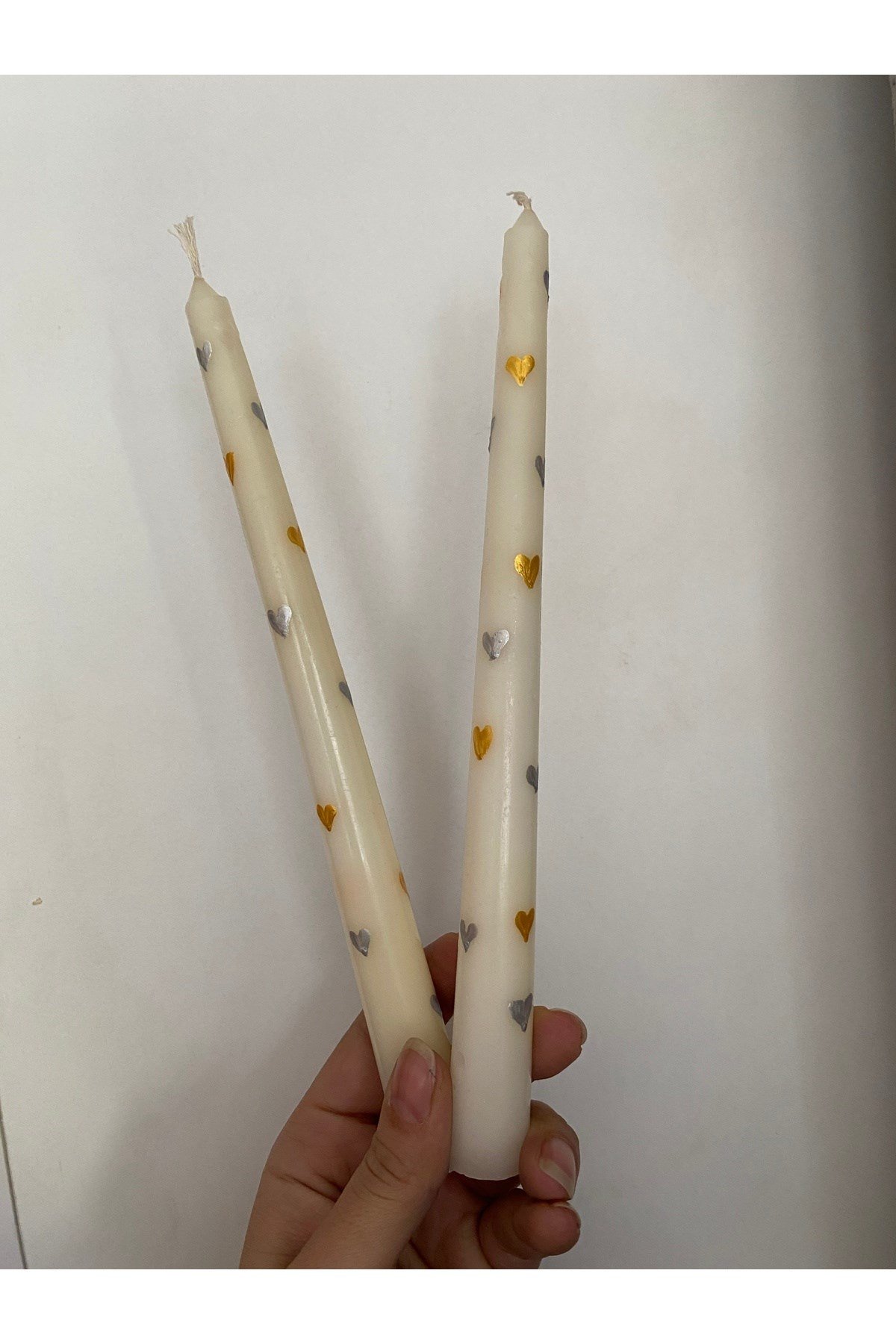 Gümüş ve Gold Renkli Kalp Desenli Şamdan Mumu 2li Set
