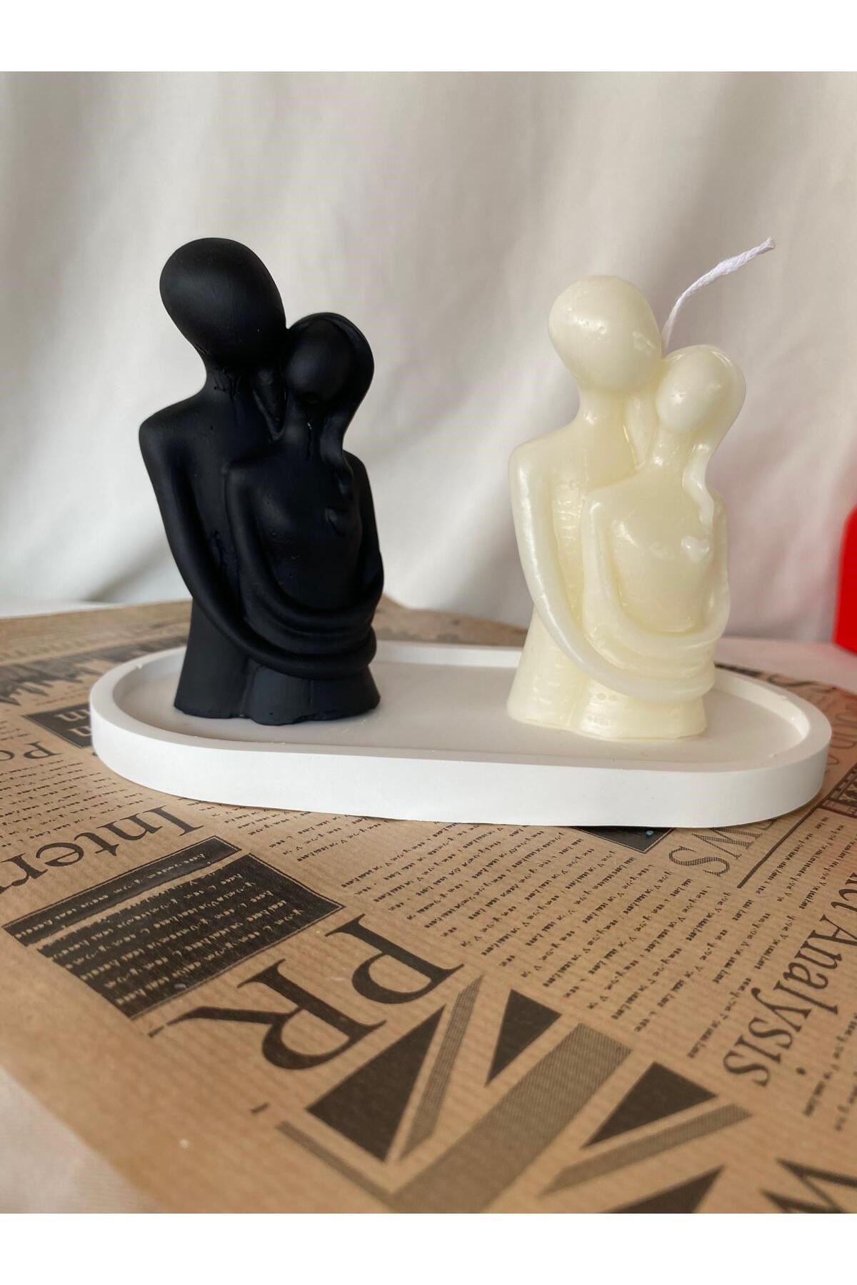 Kadın Erkek Çift Mum ve Biblo + Organizer Dekoratif Tabaklı Set ( 3 parça )