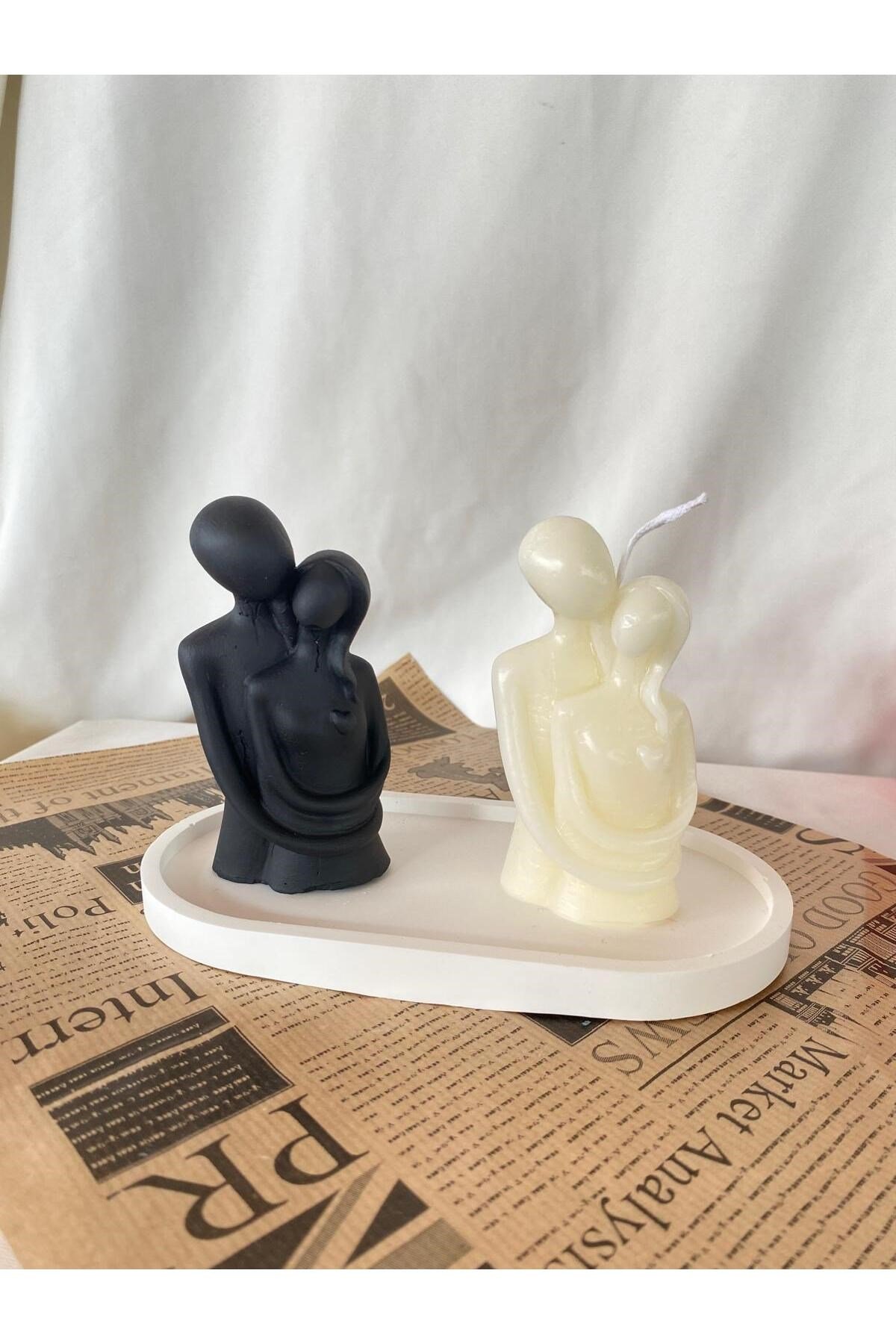 Kadın Erkek Çift Mum ve Biblo + Organizer Dekoratif Tabaklı Set ( 3 parça )
