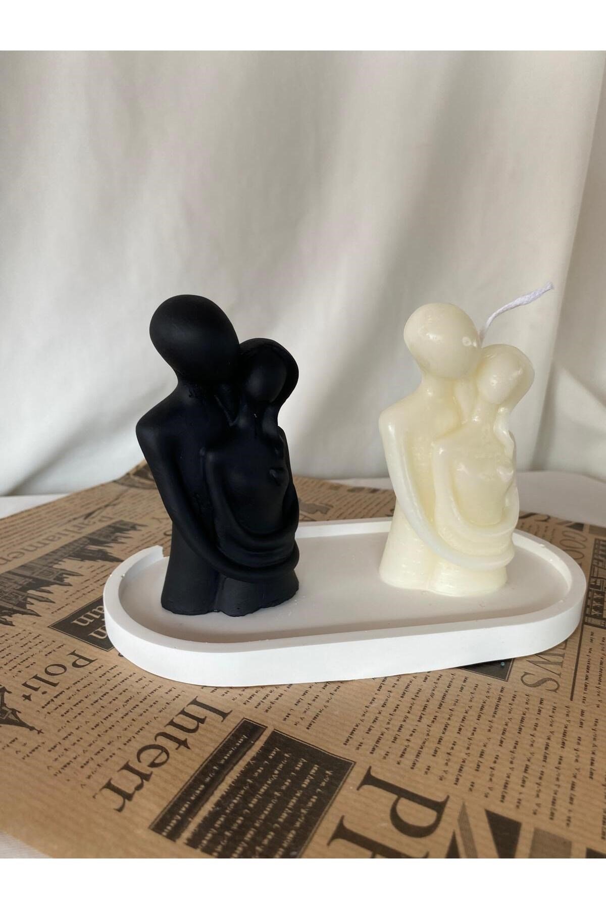 Kadın Erkek Çift Mum ve Biblo + Organizer Dekoratif Tabaklı Set ( 3 parça )