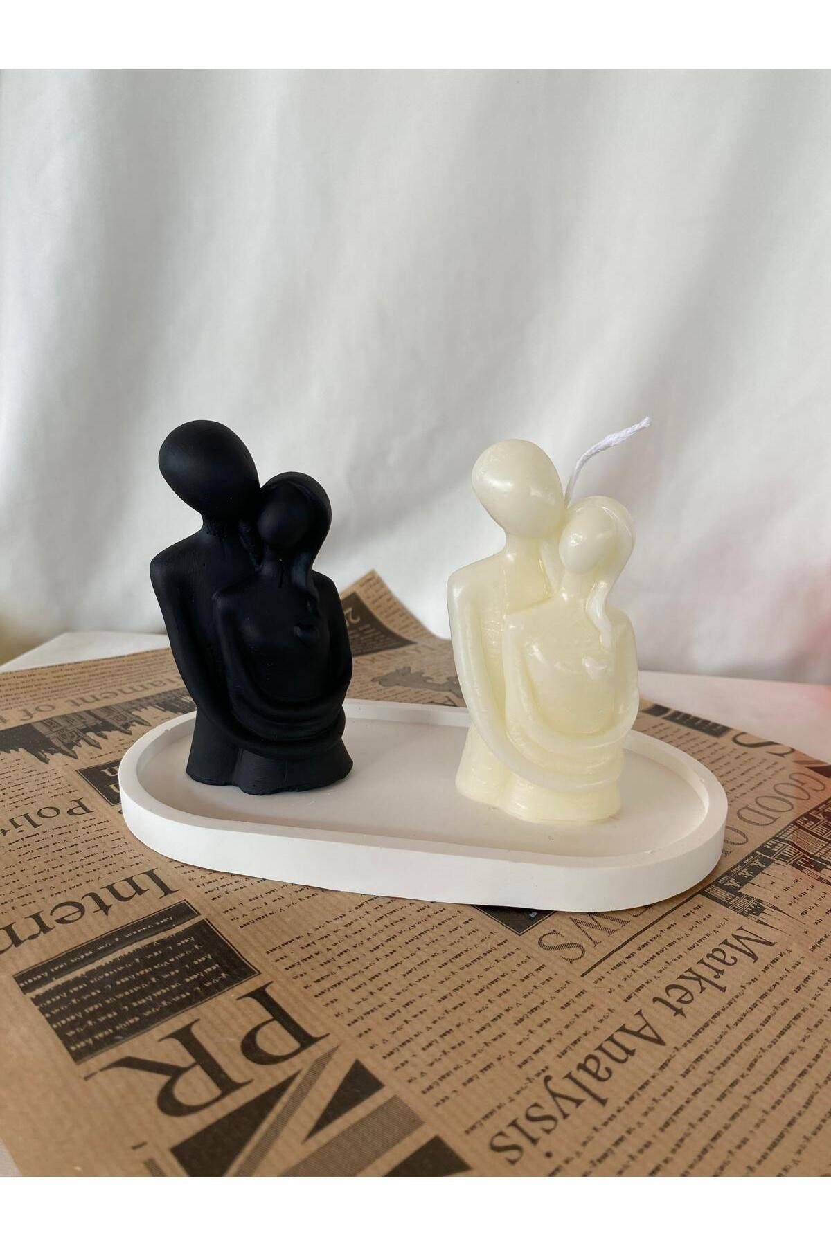 Kadın Erkek Çift Mum ve Biblo + Organizer Dekoratif Tabaklı Set ( 3 parça )