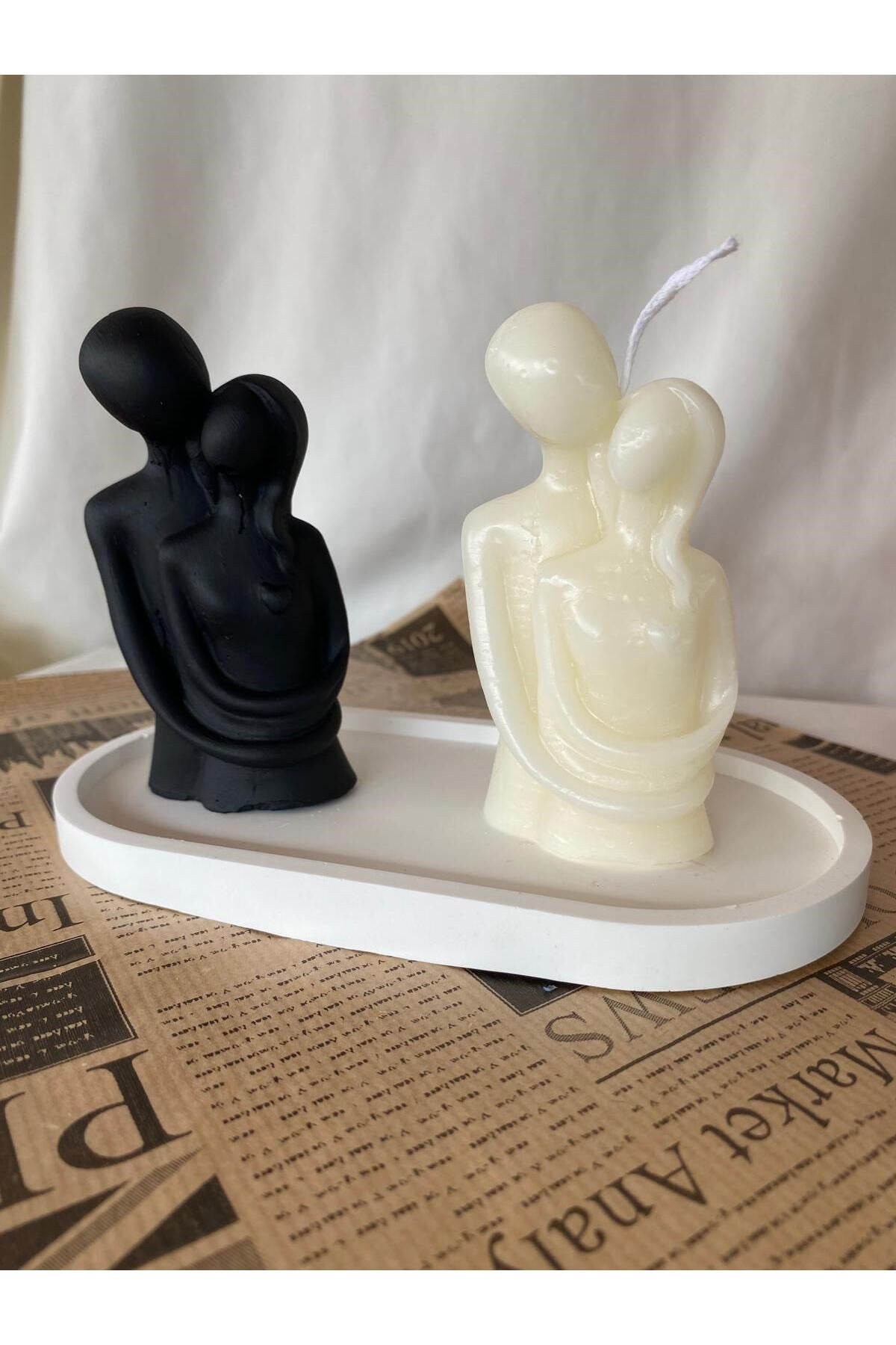 Kadın Erkek Çift Mum ve Biblo + Organizer Dekoratif Tabaklı Set ( 3 parça )