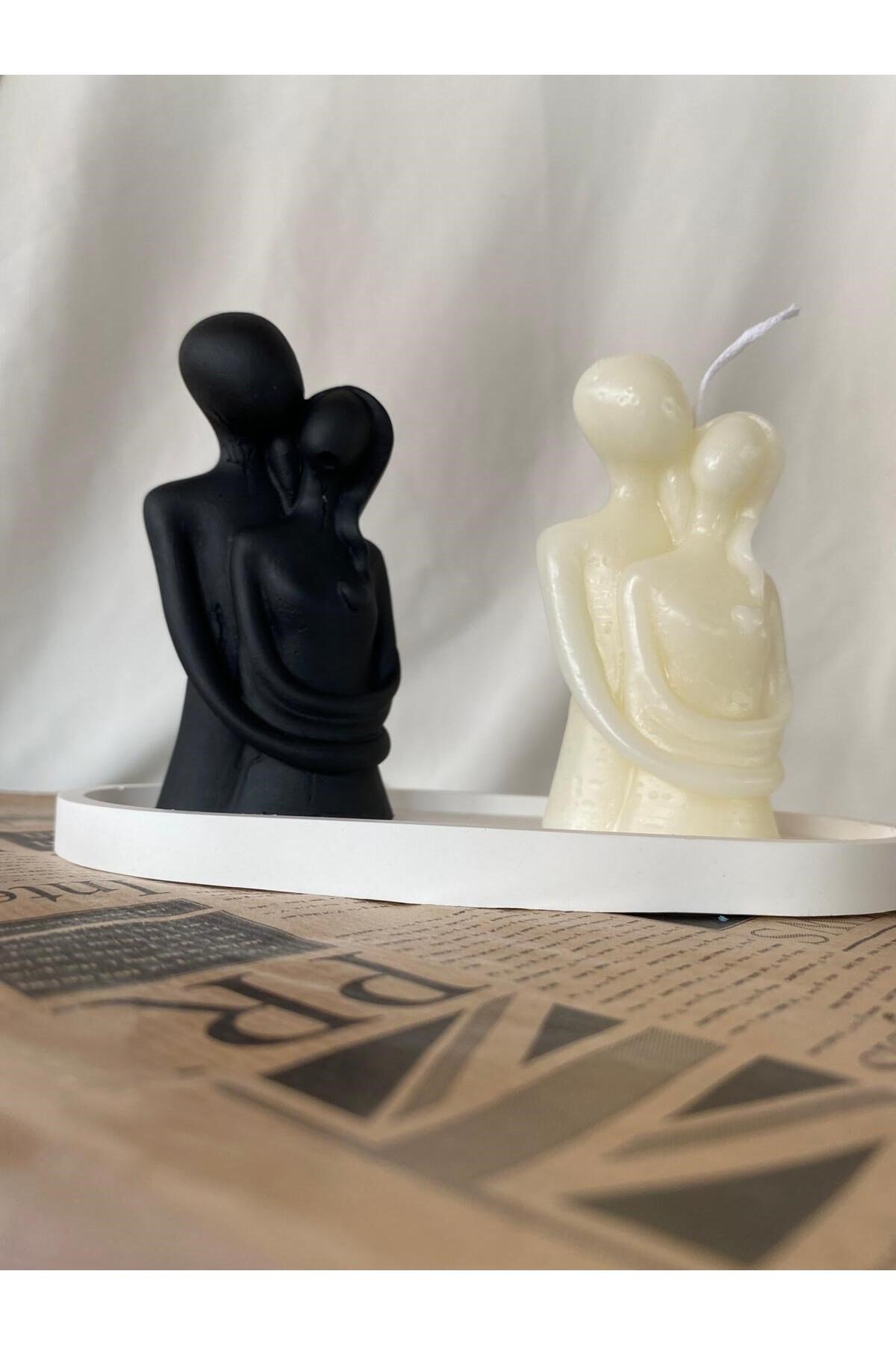 Kadın Erkek Çift Mum ve Biblo + Organizer Dekoratif Tabaklı Set ( 3 parça )