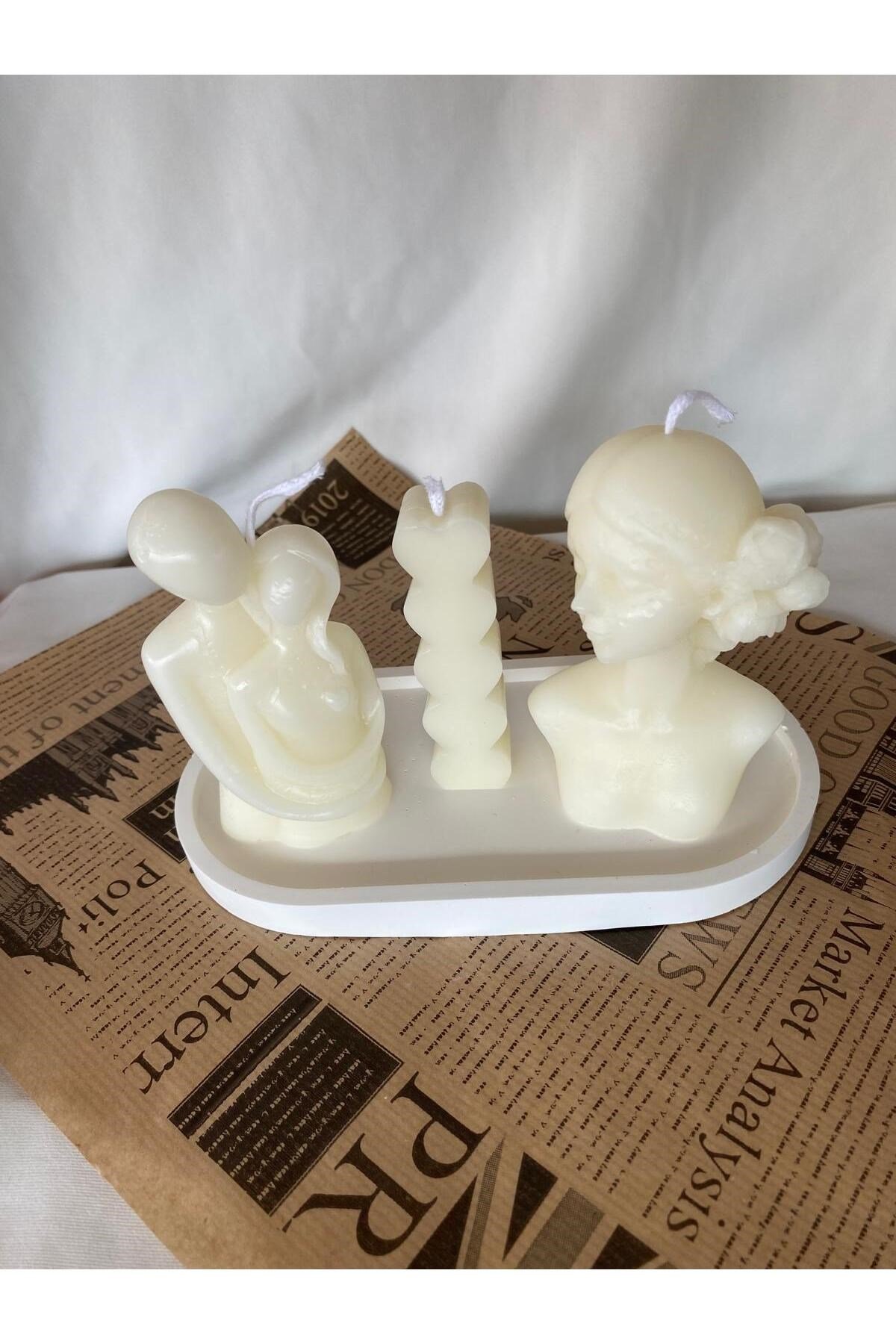 Kadın Mum - Çift Mum-Kalp Mum + Organizer Dekoratif Tabaklı Set ( 4 parça )