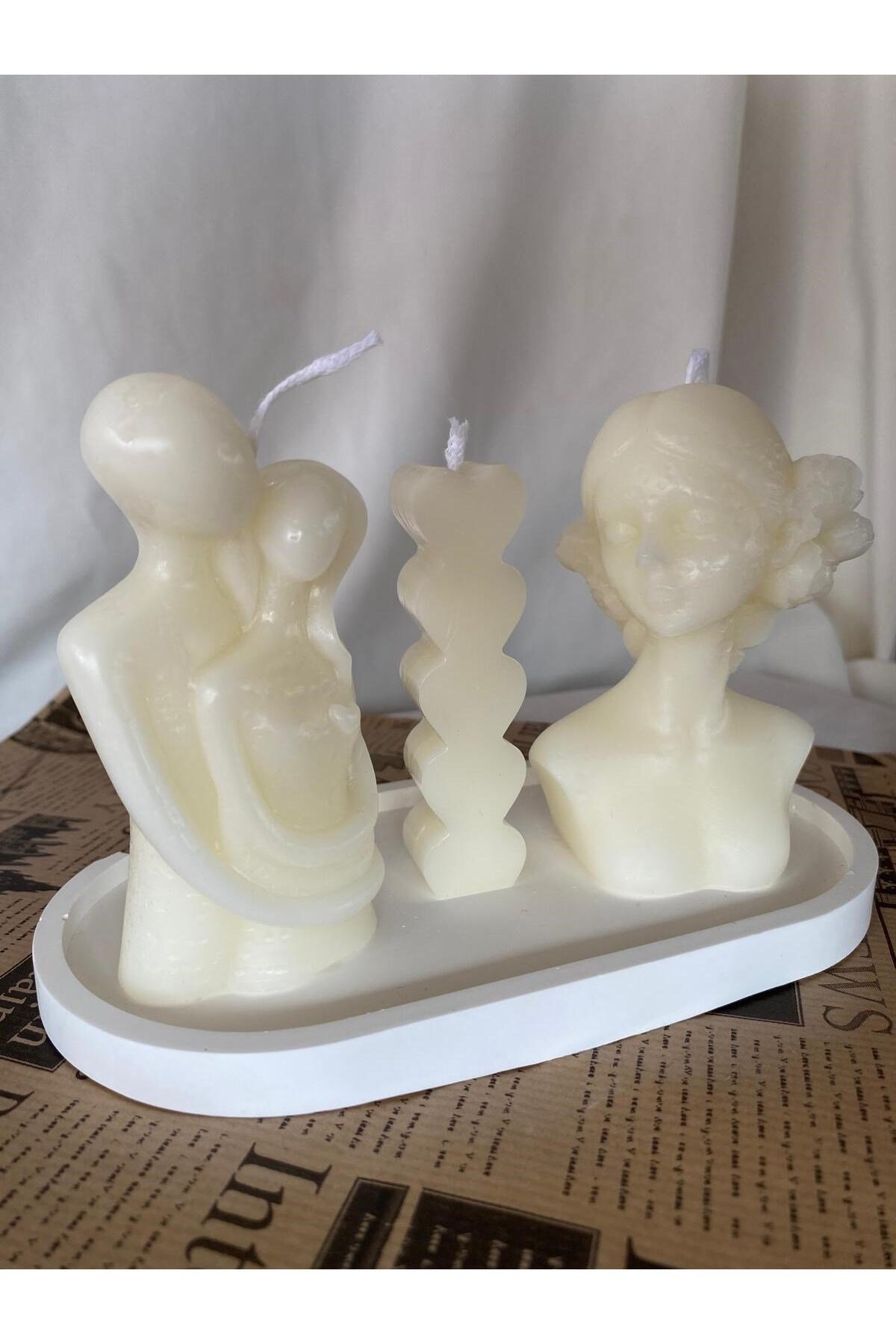 Kadın Mum - Çift Mum-Kalp Mum + Organizer Dekoratif Tabaklı Set ( 4 parça )