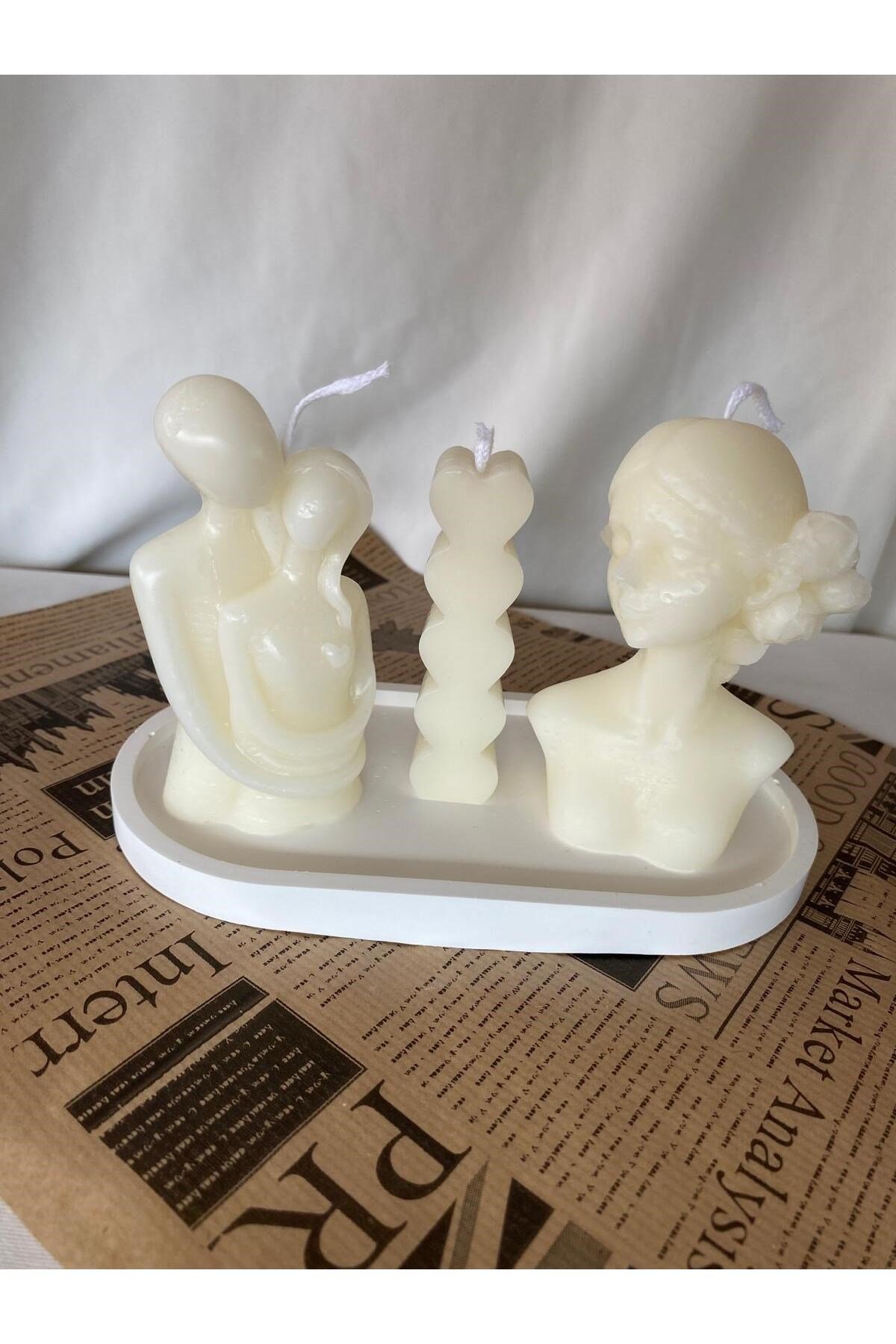 Kadın Mum - Çift Mum-Kalp Mum + Organizer Dekoratif Tabaklı Set ( 4 parça )