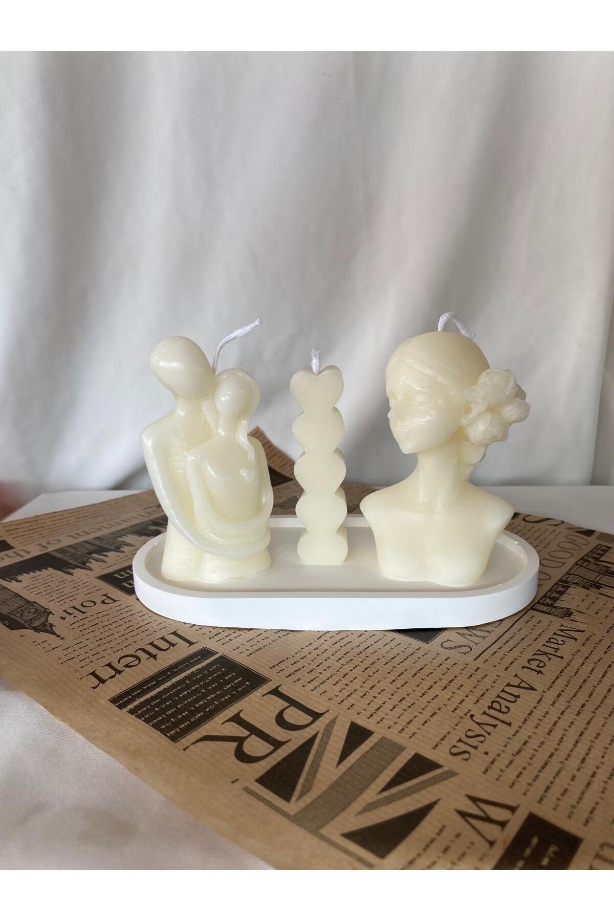 Kadın Mum - Çift Mum-Kalp Mum + Organizer Dekoratif Tabaklı Set ( 4 parça )