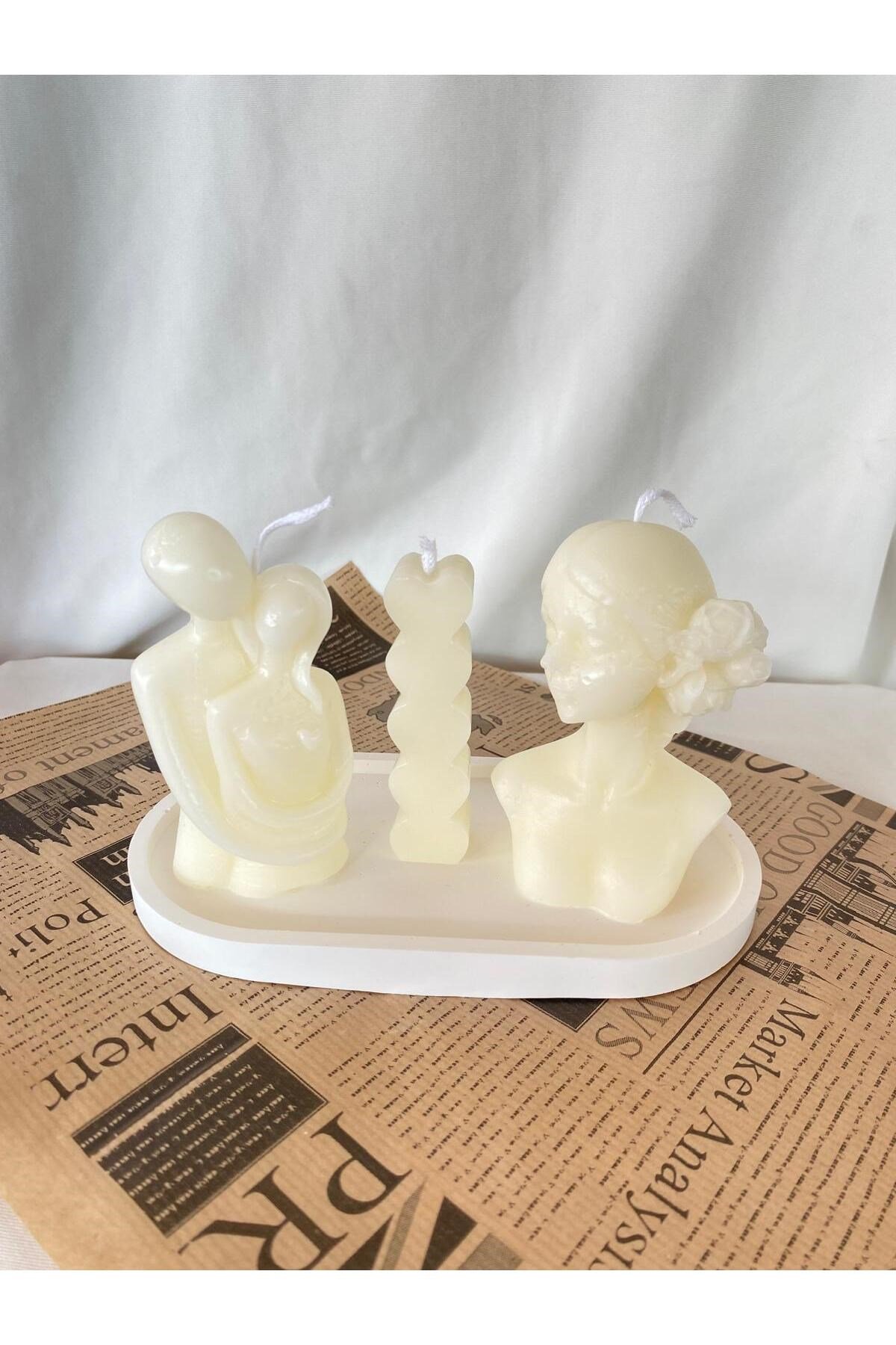 Kadın Mum - Çift Mum-Kalp Mum + Organizer Dekoratif Tabaklı Set ( 4 parça )