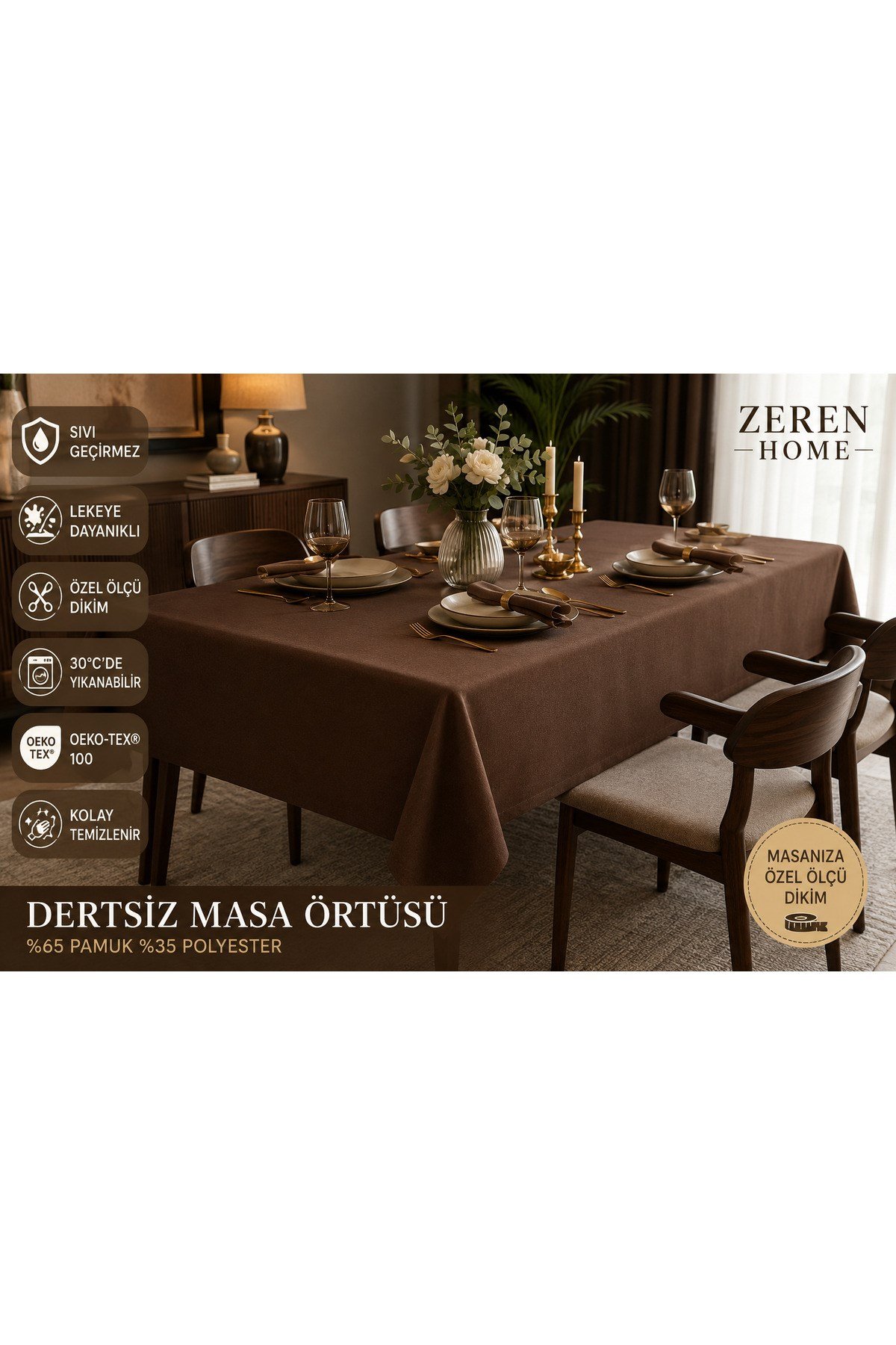 Kahverengi Sıvı Geçirmez Masa Örtüsü + 8 Peçete | Özel Ölçü Dikim | Lekeye Dayanıklı