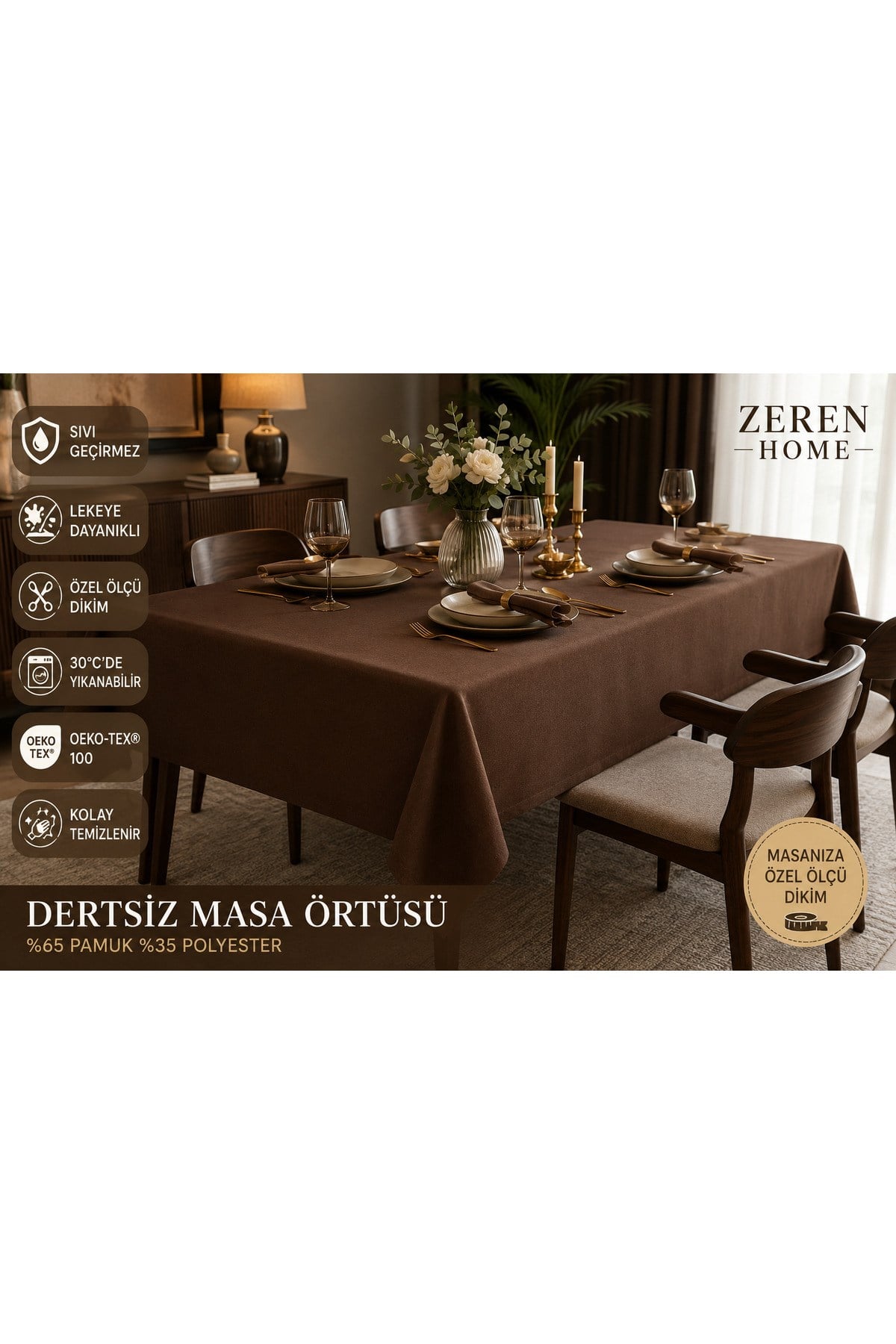 Kahverengi Sıvı Geçirmez Masa Örtüsü + 8 Peçete | Özel Ölçü Dikim | Lekeye Dayanıklı