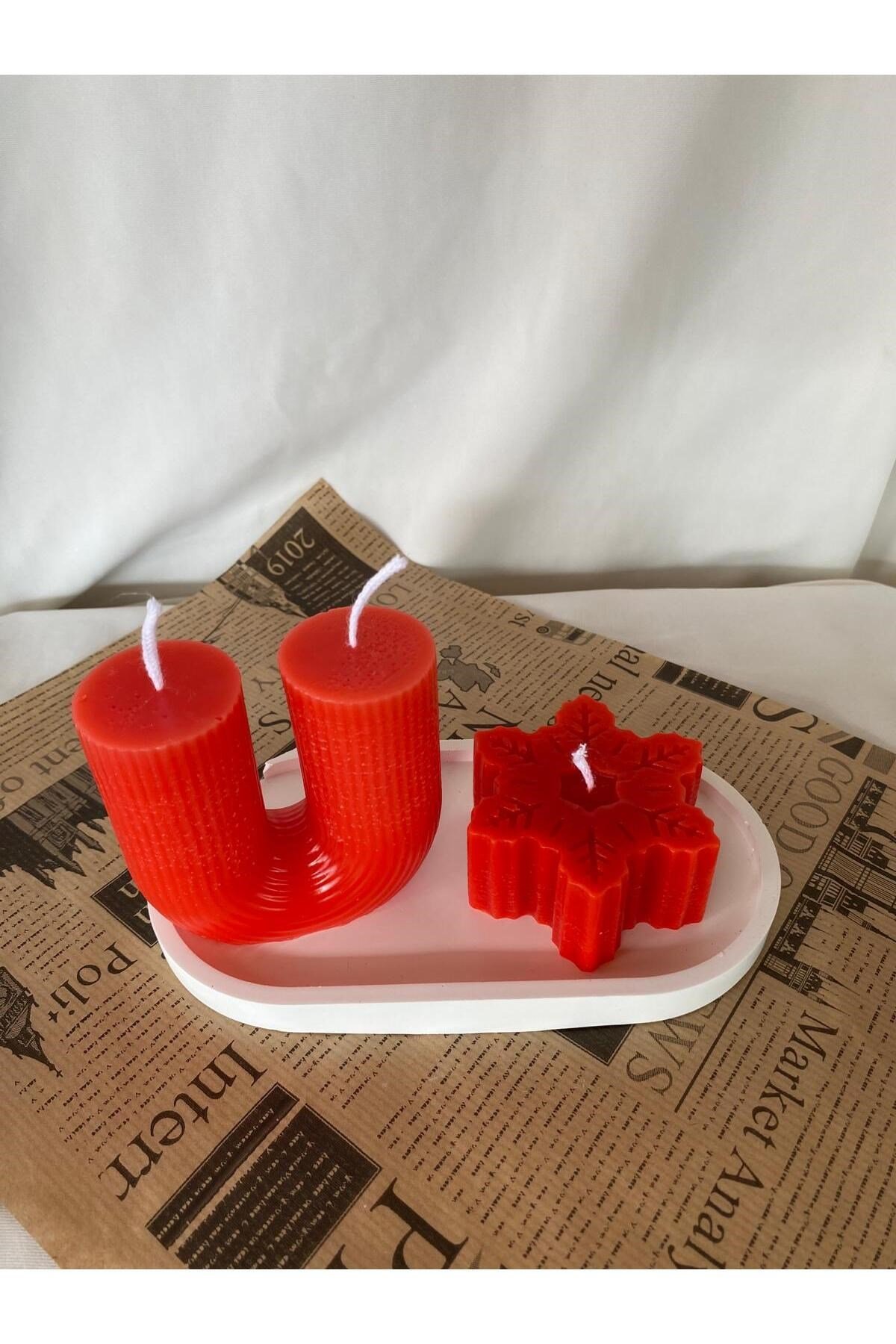 Kar Tanesi Yılbaşı Mum ve U Şekilli Dekoratif Mum + Tabak Set- Yılbaşı Konsept Mumları
