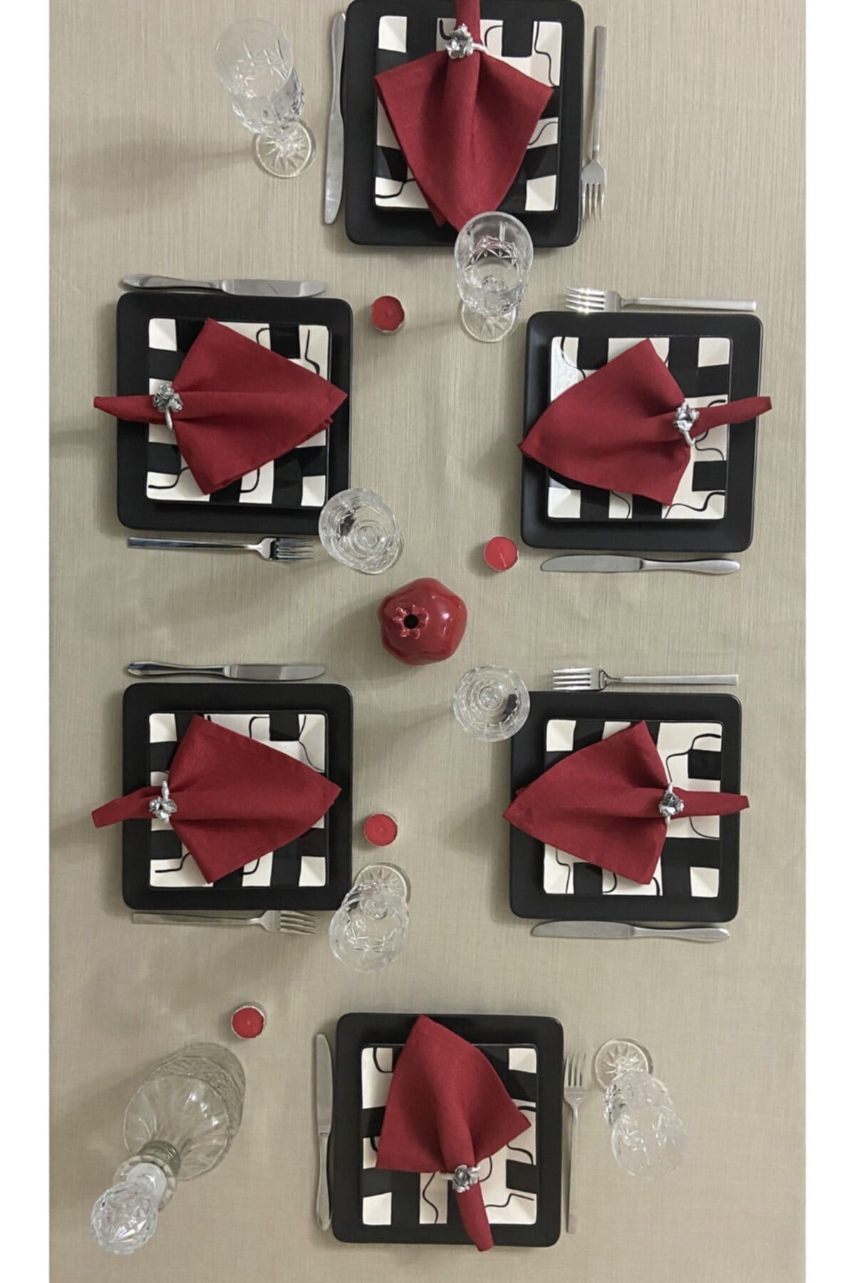 Keten Görünümlü Begonvil Masa Örtüsü Kapuçino 27 Parça Set