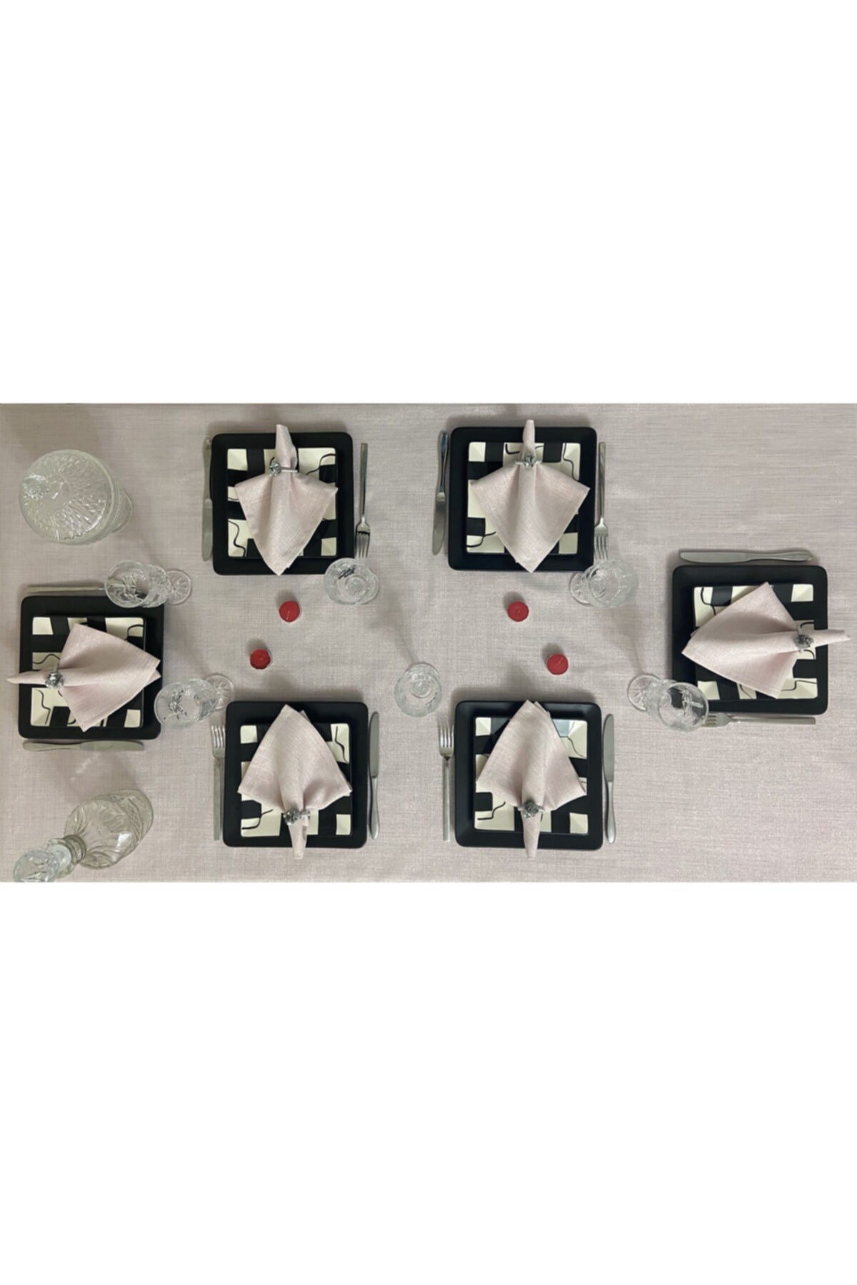 Keten Görünümlü Begonvil Simli Masa Örtüsü Pudra Pembe 13 Parça Set