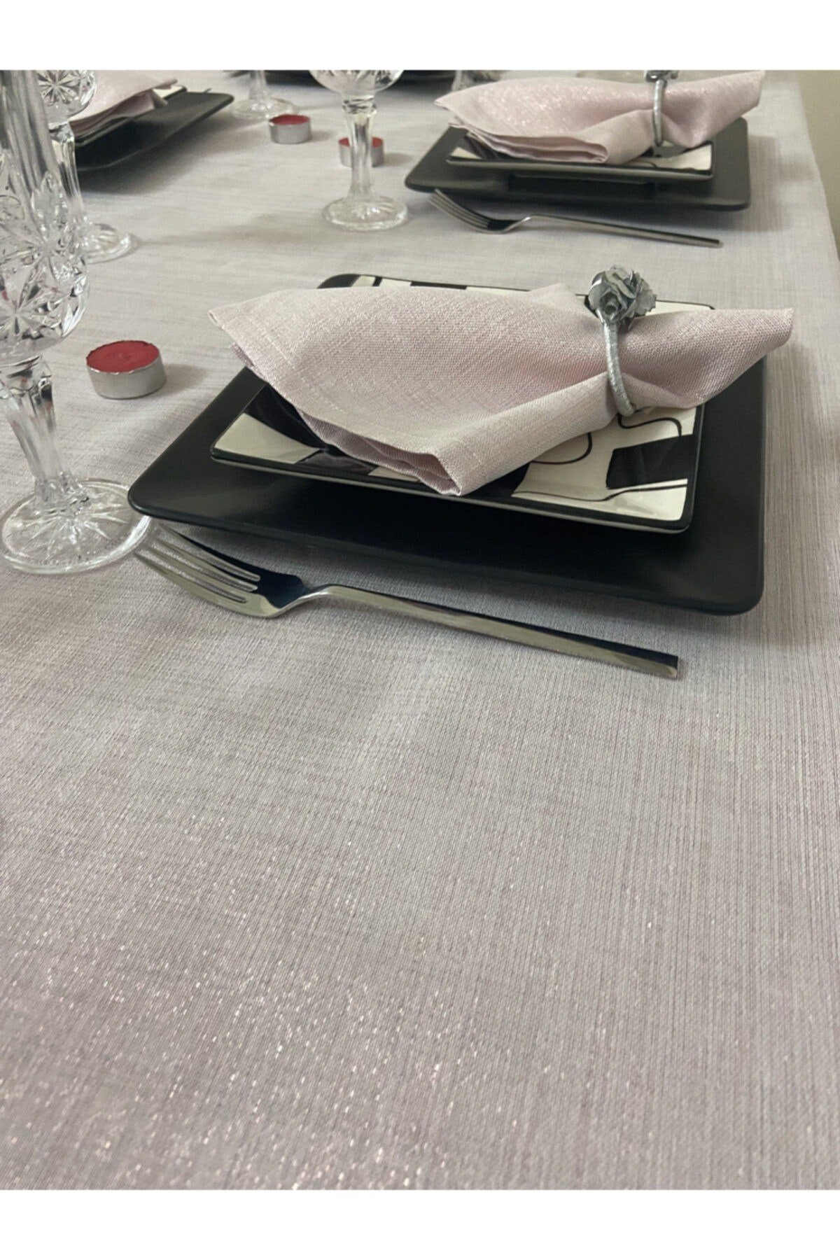 Keten Görünümlü Begonvil Simli Masa Örtüsü Pudra Pembe 13 Parça Set
