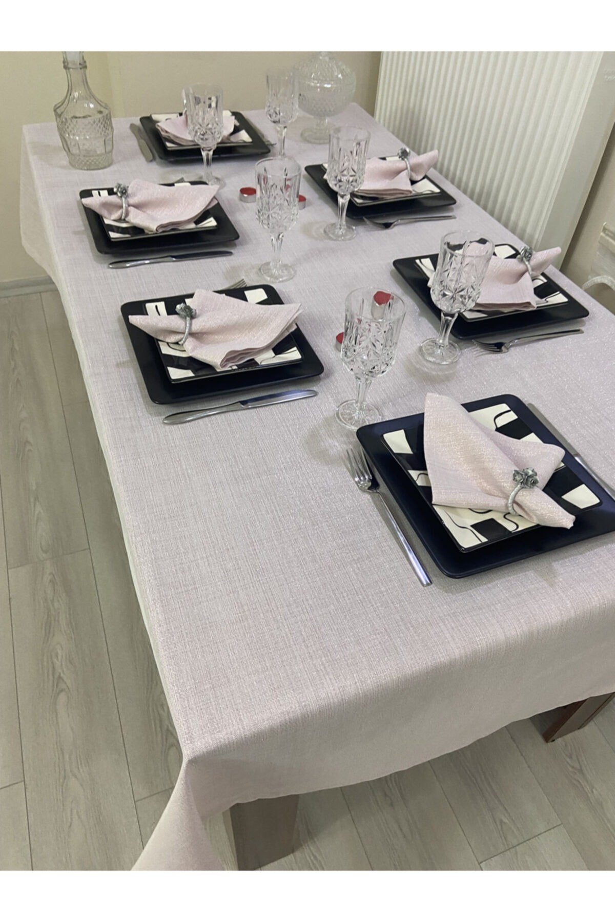 Keten Görünümlü Begonvil Simli Masa Örtüsü Pudra Pembe 13 Parça Set