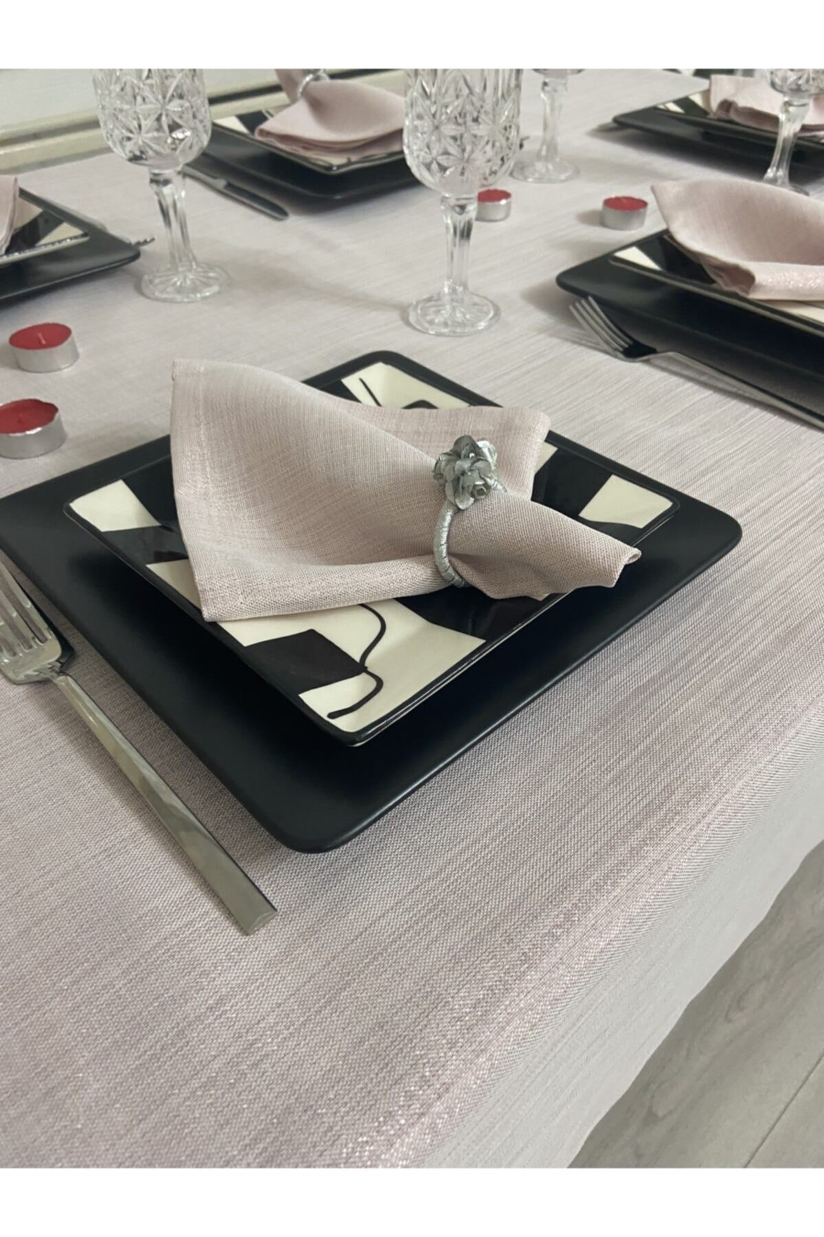 Keten Görünümlü Begonvil Simli Masa Örtüsü Pudra Pembe 13 Parça Set
