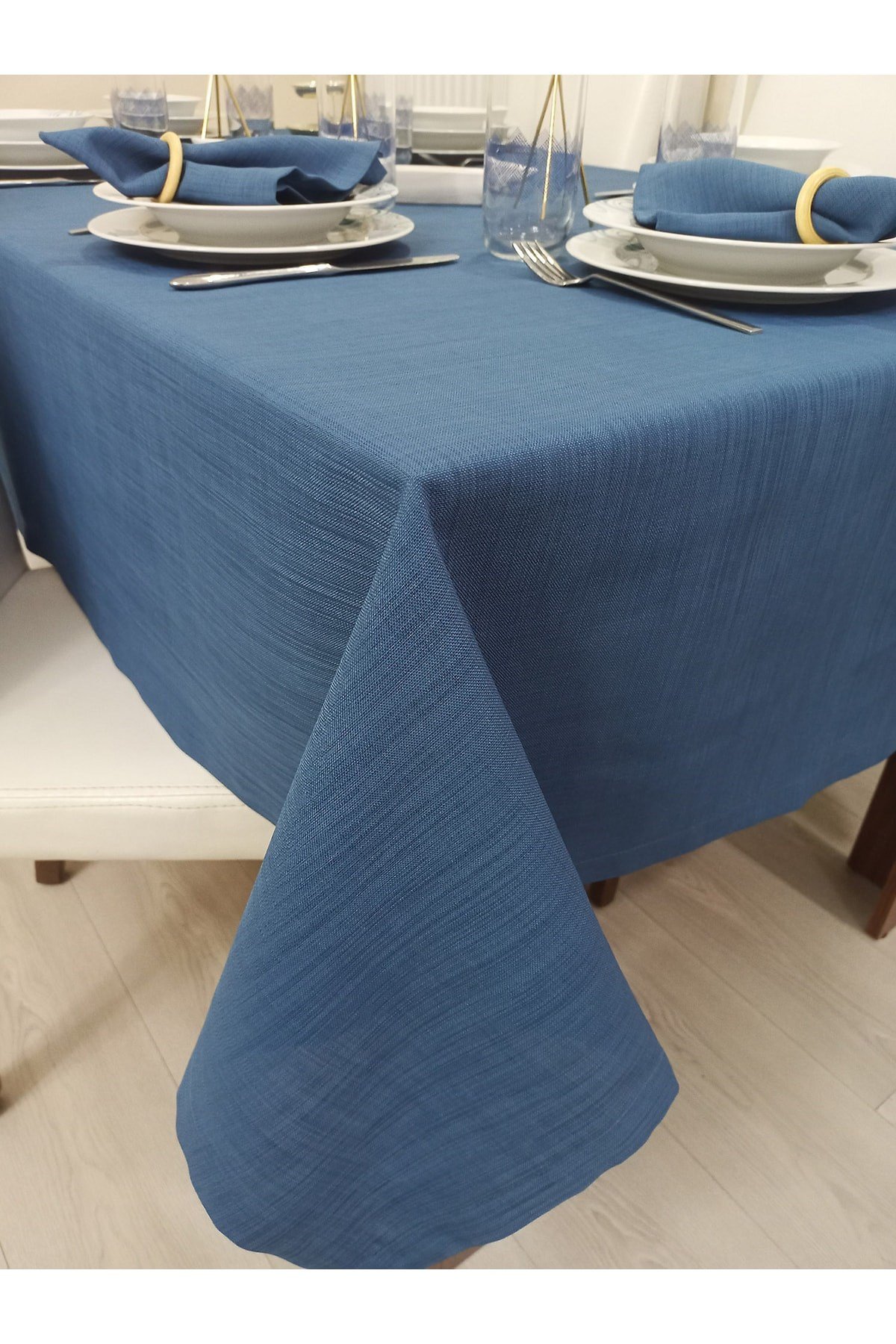 Keten Görünümlü Dertsiz Masa Örtüsü Indigo Mavi 13 Parça