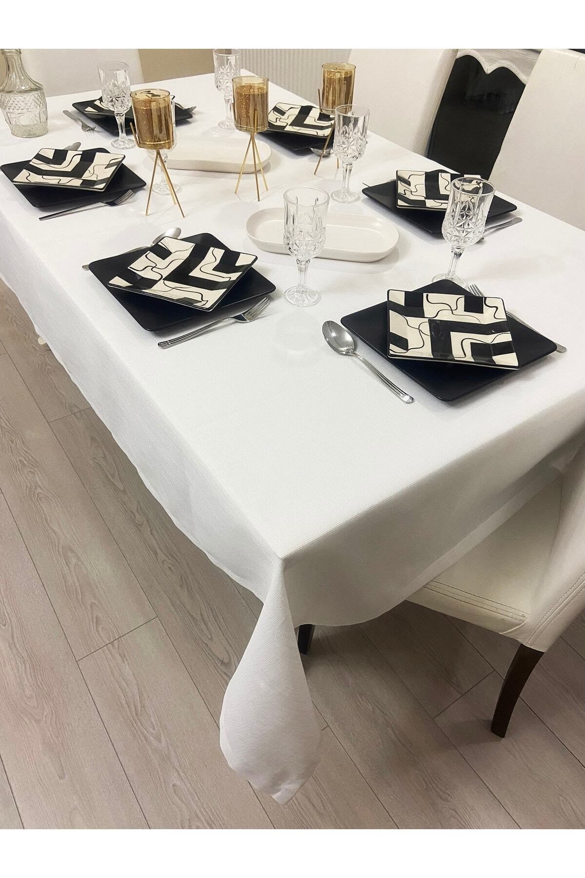 Keten Görünümlü Dertsiz Salon Masa Örtüsü Beyaz 25 Parça