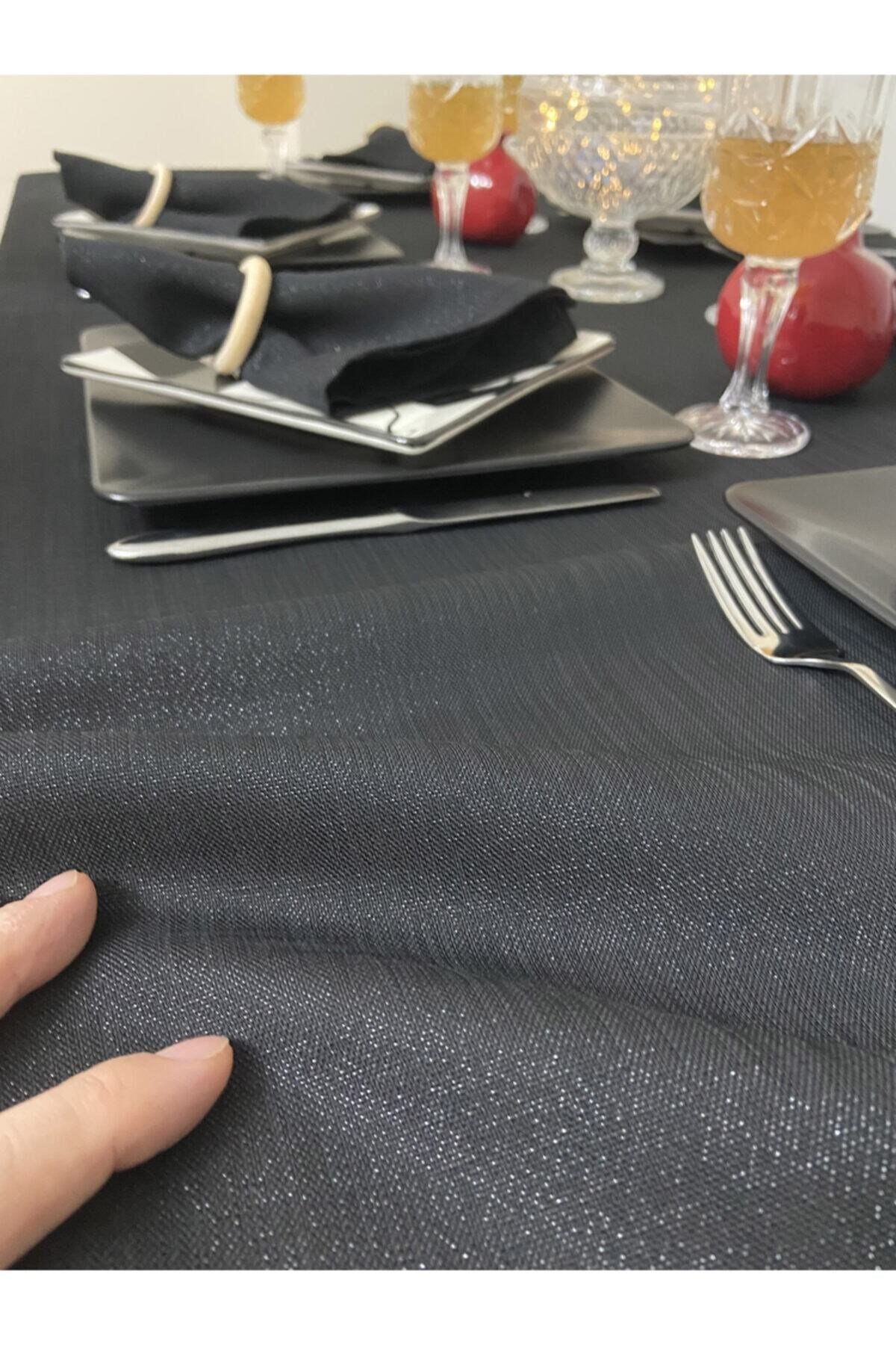 Keten Görünümlü Simli Begonvil Masa Örtüsü Siyah 13 Parça