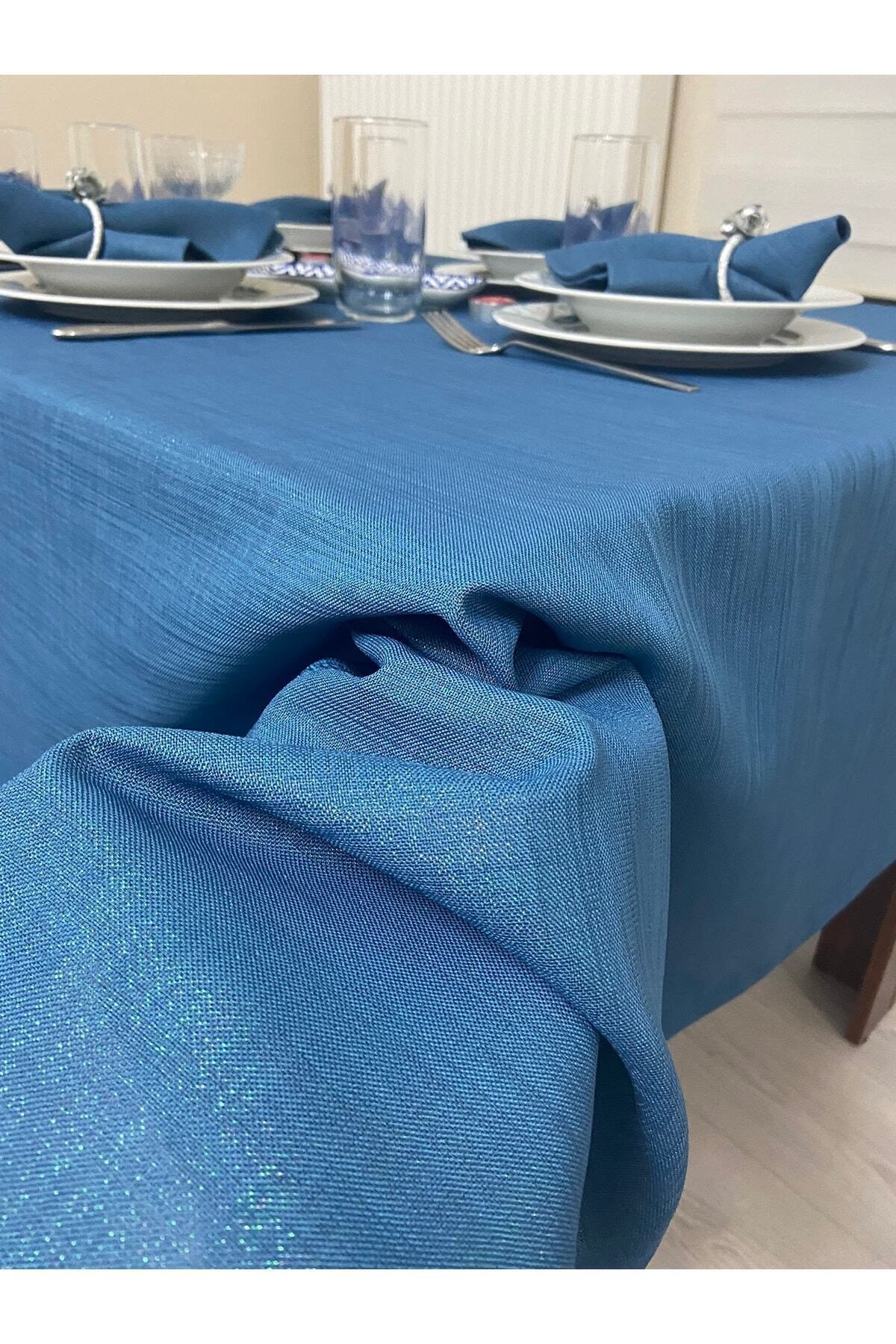 Keten Görünümlü Simli Dertsiz Masa Örtüsü Indigo Mavi