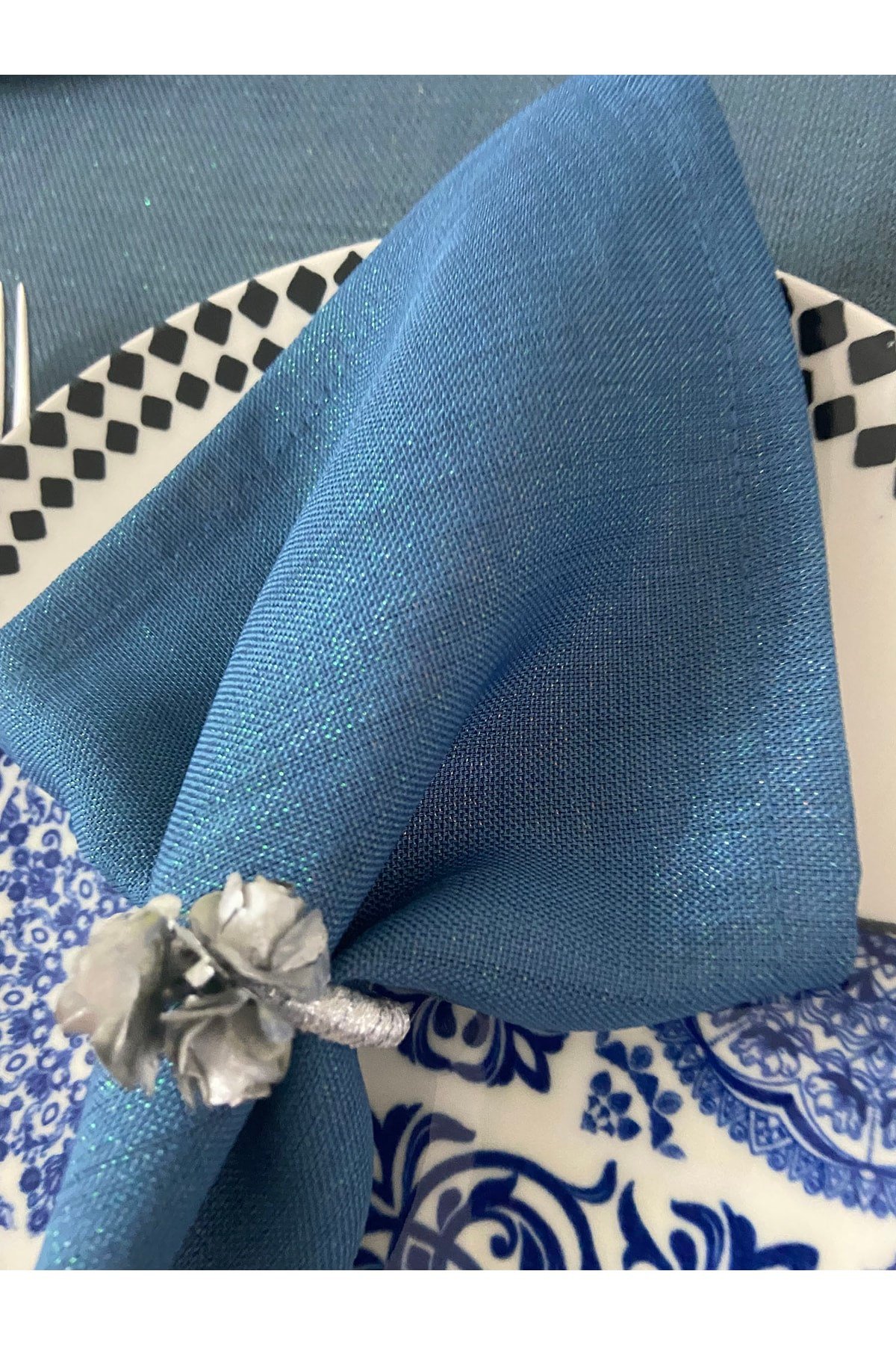 Keten Görünümlü Simli Dertsiz Servis Peçetesi 35x35 Indigo Mavi 6 Adet