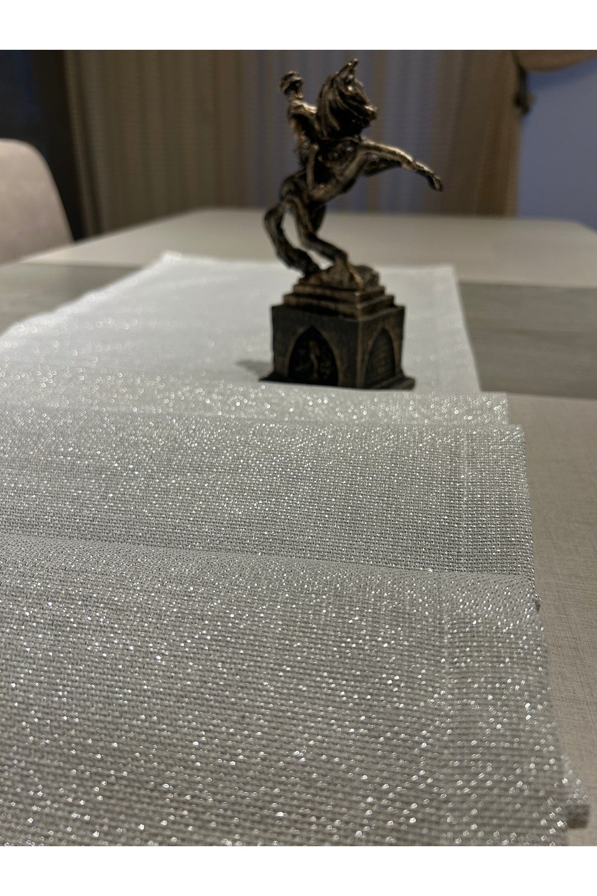 Keten Görünümlü Simli Linen Gümüş Runner 40 x 160